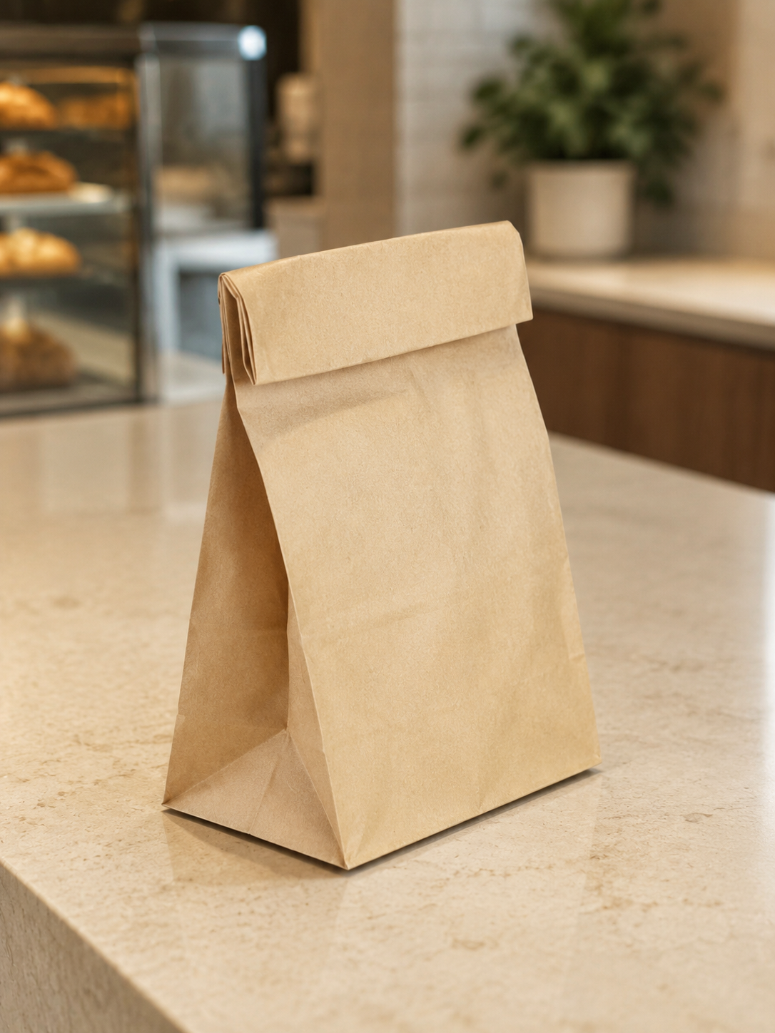 Self Opening satchel (lunch bag) with folded top on cafe counter.
