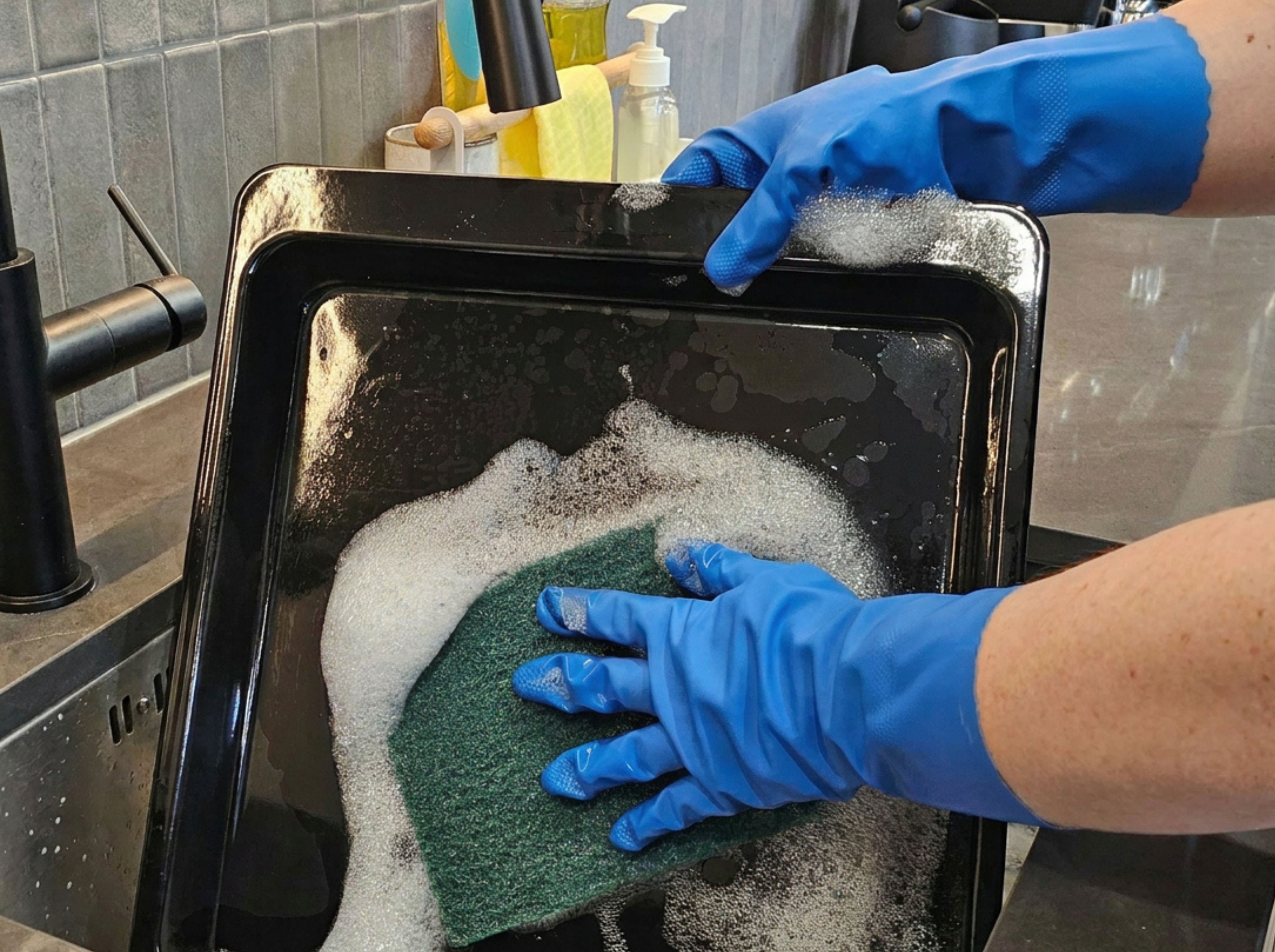 blue silverlined gloves washing up