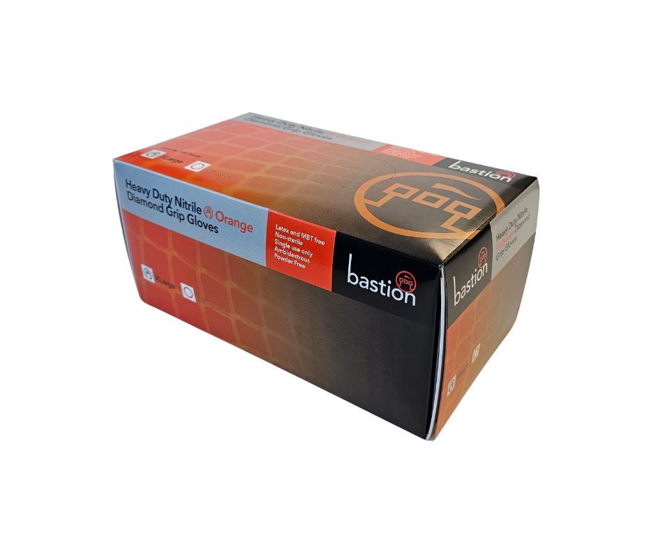 An inner dispenser of 100/29X Bastion Diamond Grip Orange Nitrile Gloves