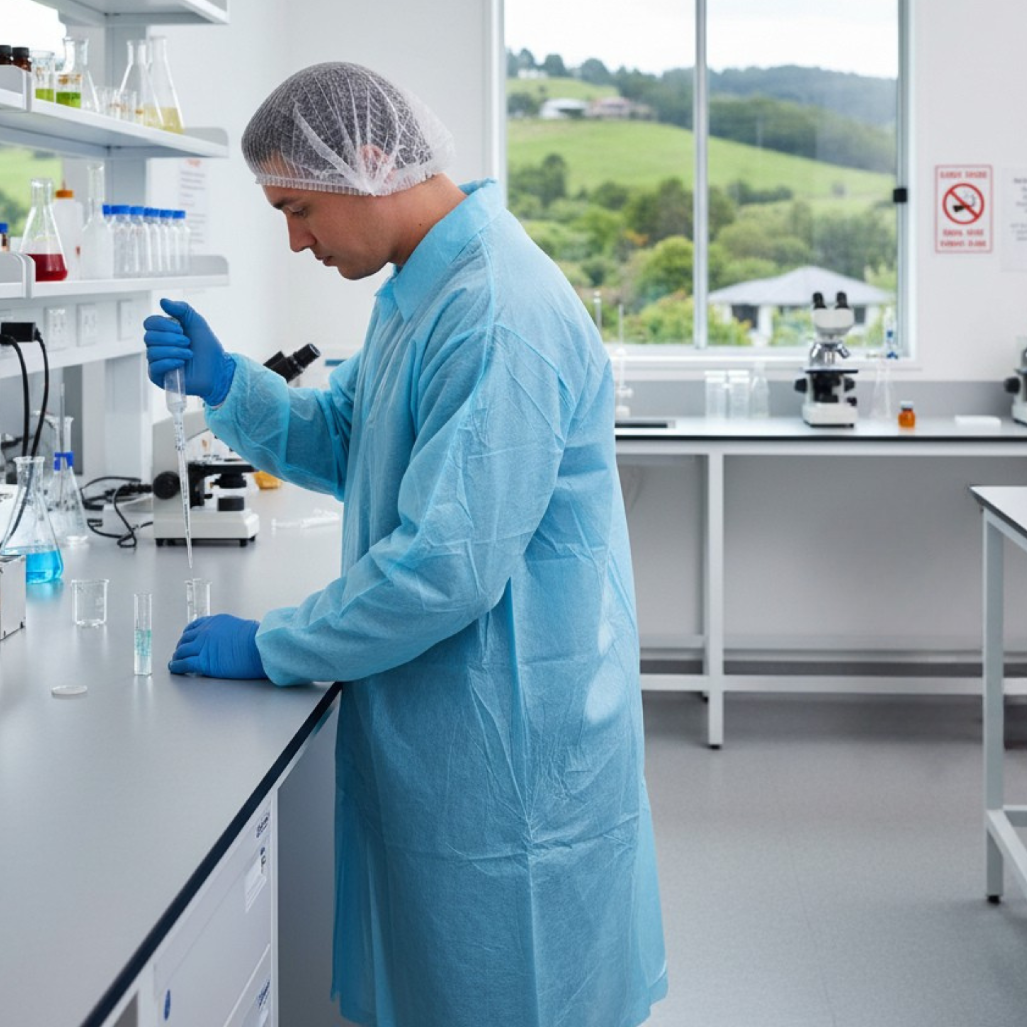 A scientist wearing a blue disposable lab coat is working in a lab.