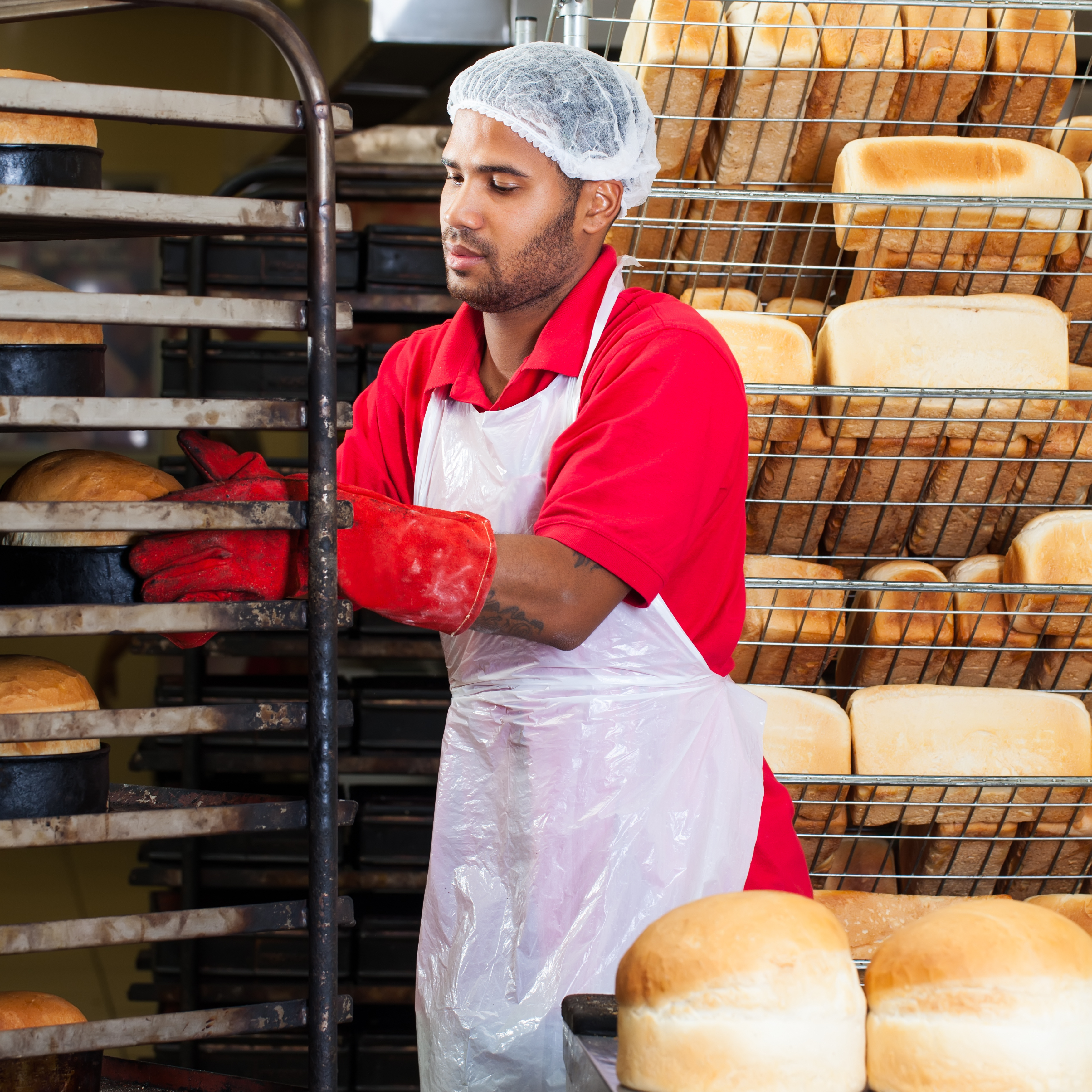 staff member in bakery wearing hairnet and white aprion