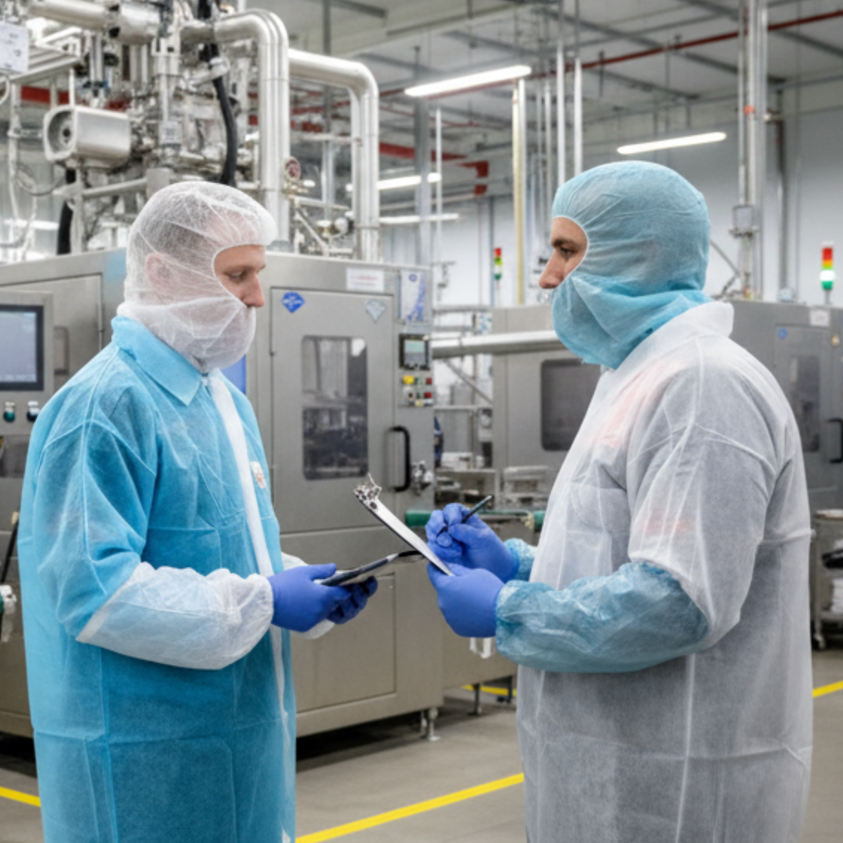 Two men in a factory wearing Bastion disposable clothing