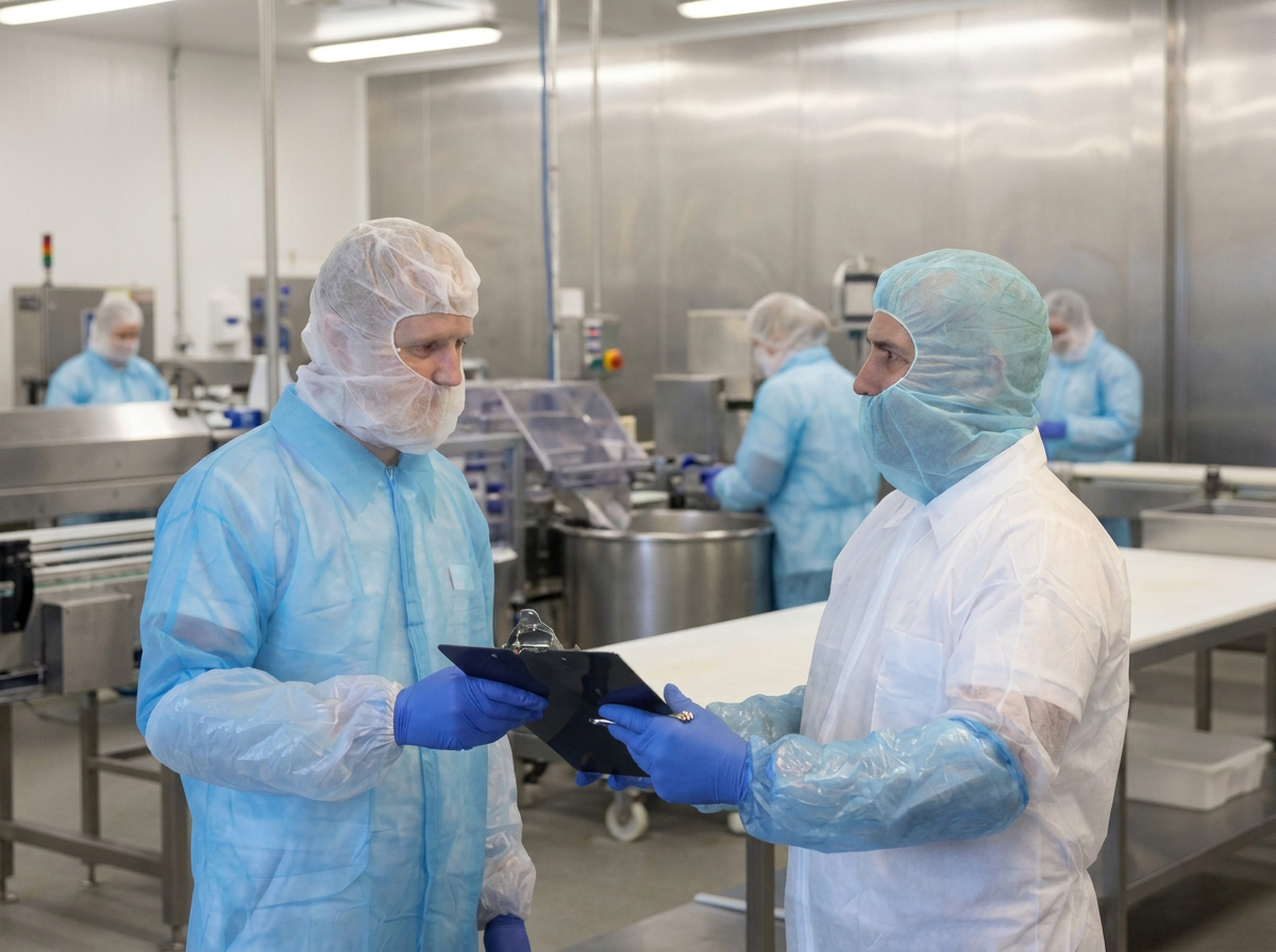 Two men in a factory wearing Bastion disposable clothing
