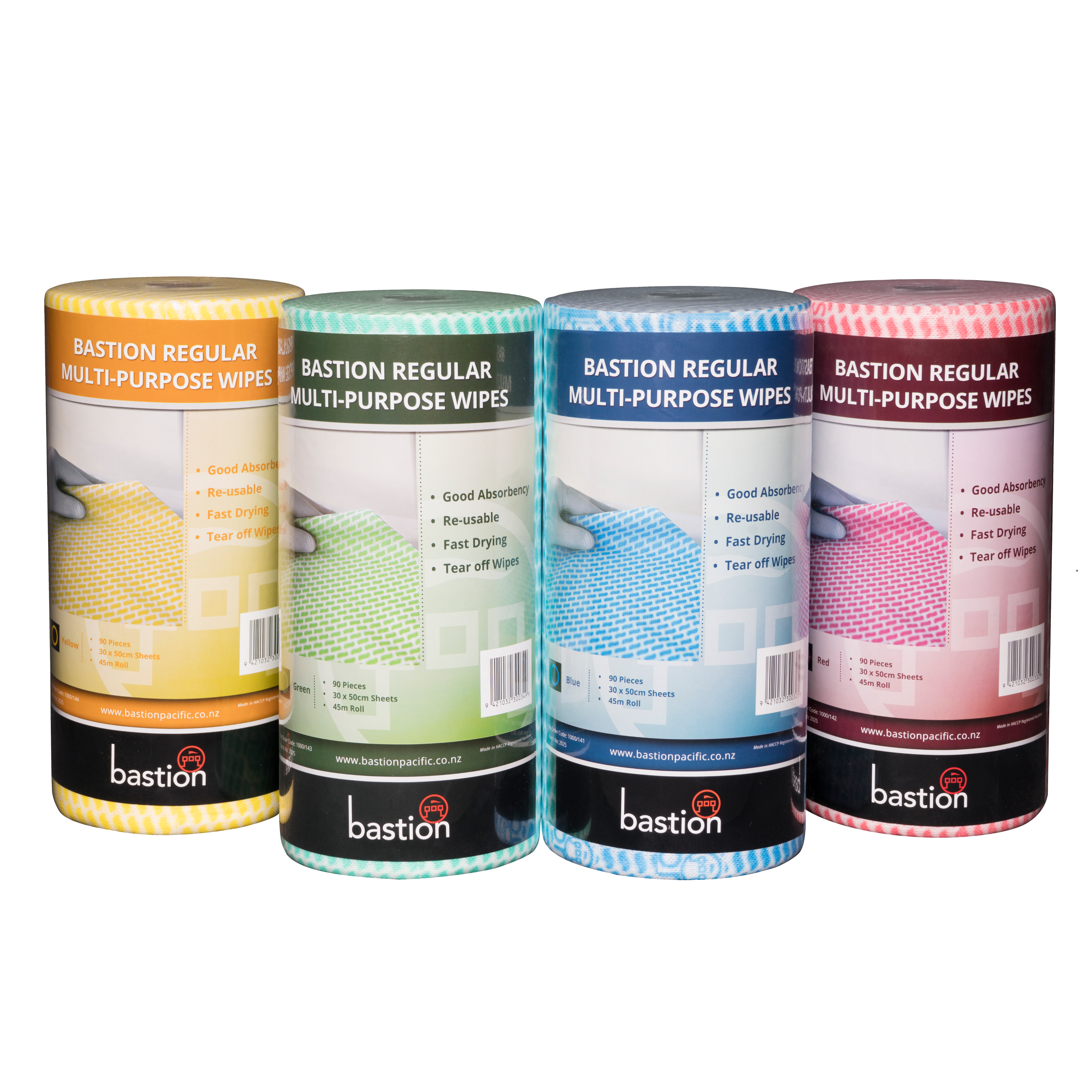 Range of Bastion regular duty wipes rolls - yelllow, green, blue, & red.