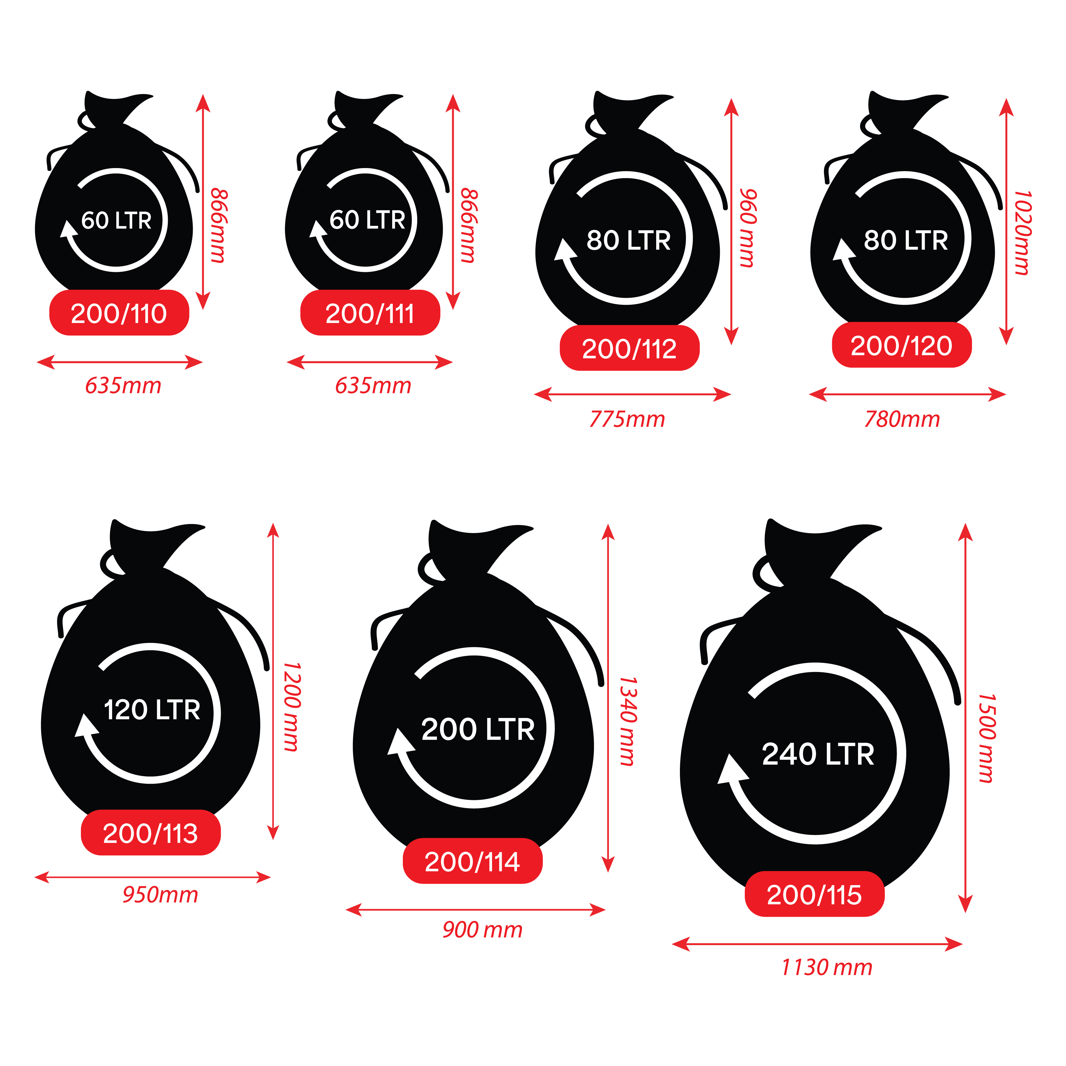 Bastion Bin Liner Guide shows a silhouette of a rubbish bin with the code and the number of litres each bag can hold.