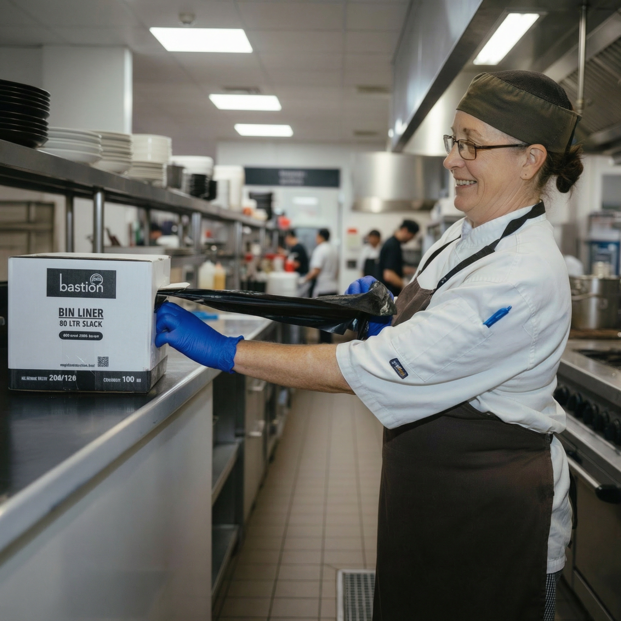 A person removing a Bastion bin liner from the dispenser box