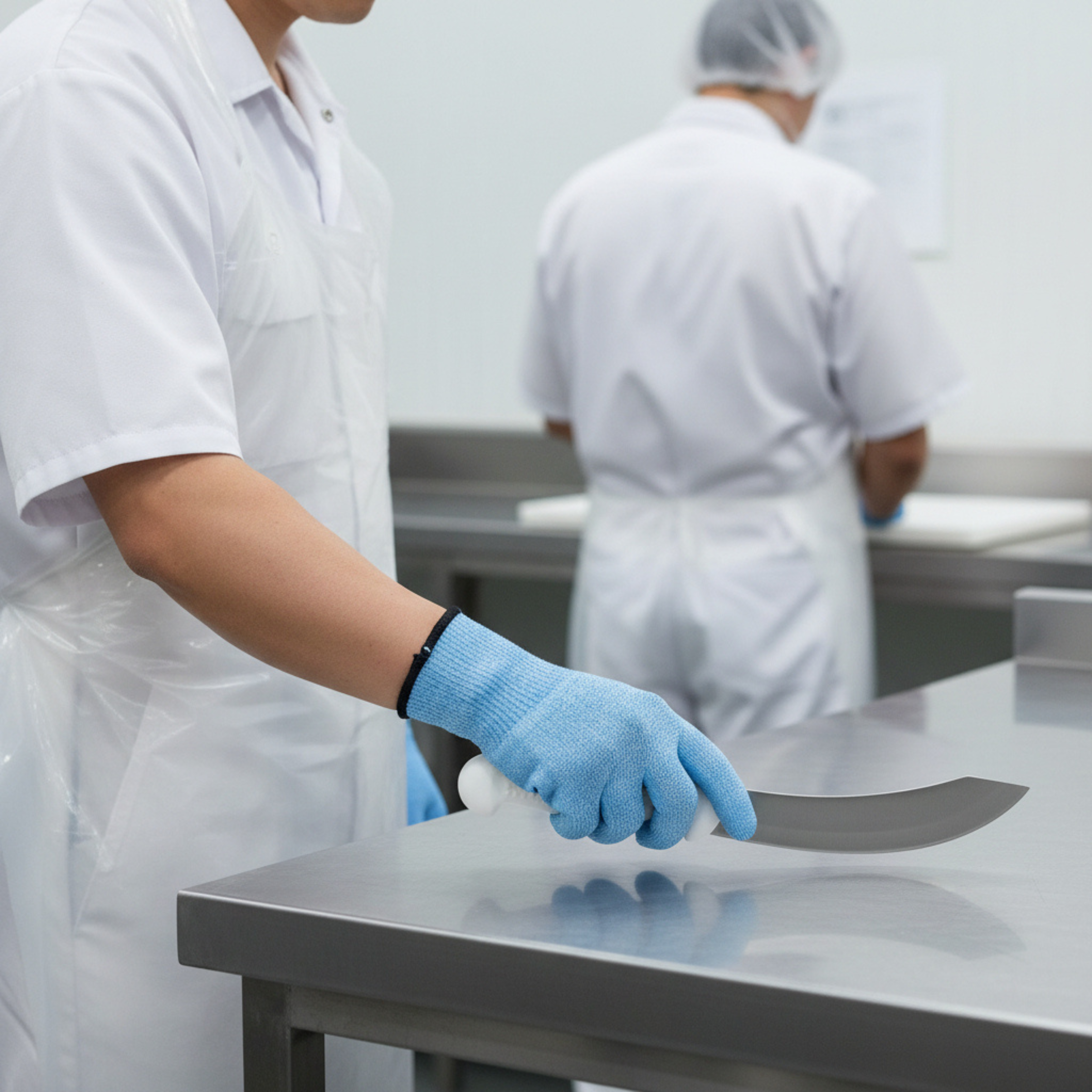 Someone wearing a cut 5 liner holding a boning knife.