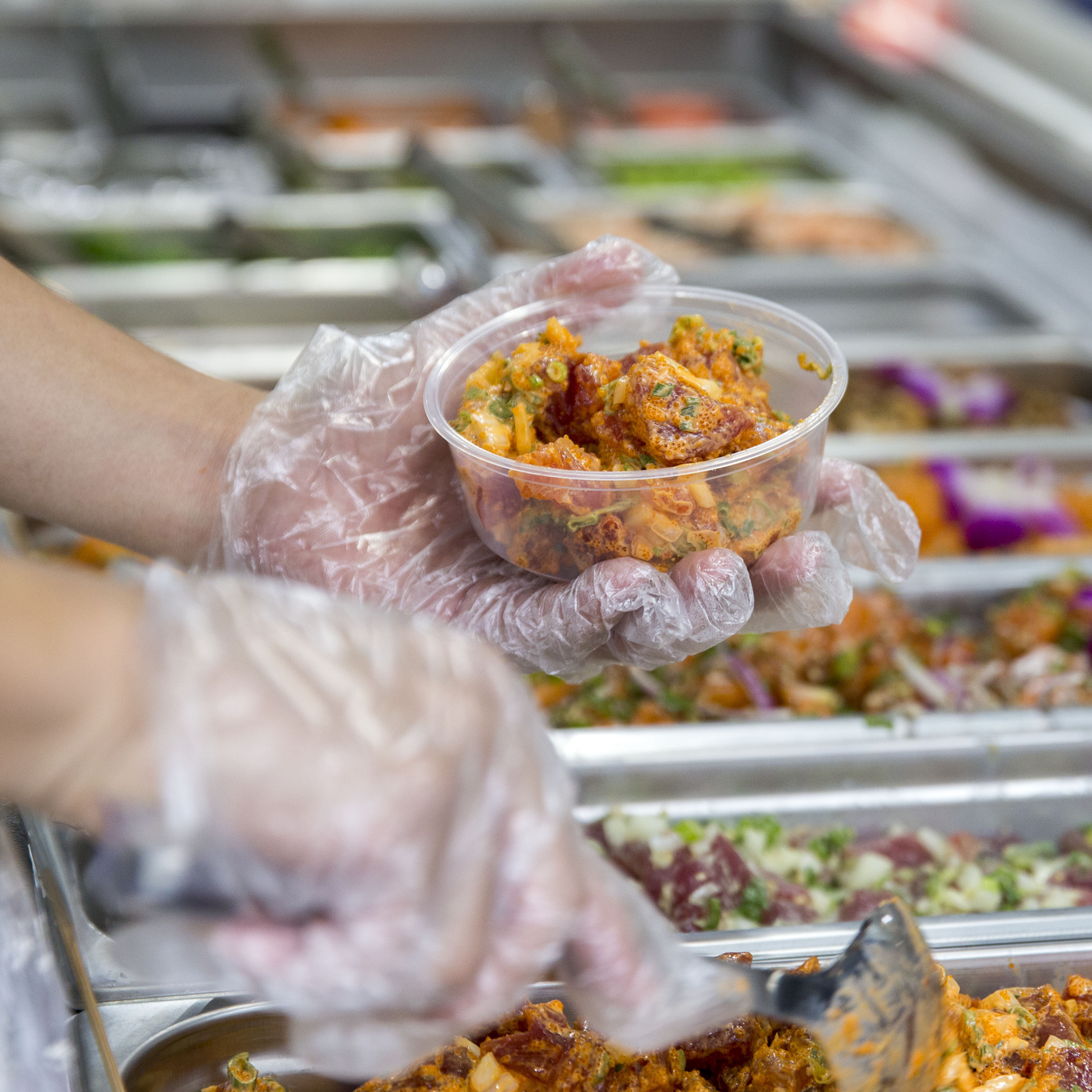 PE gloves worn by buffet server filling round plastic container