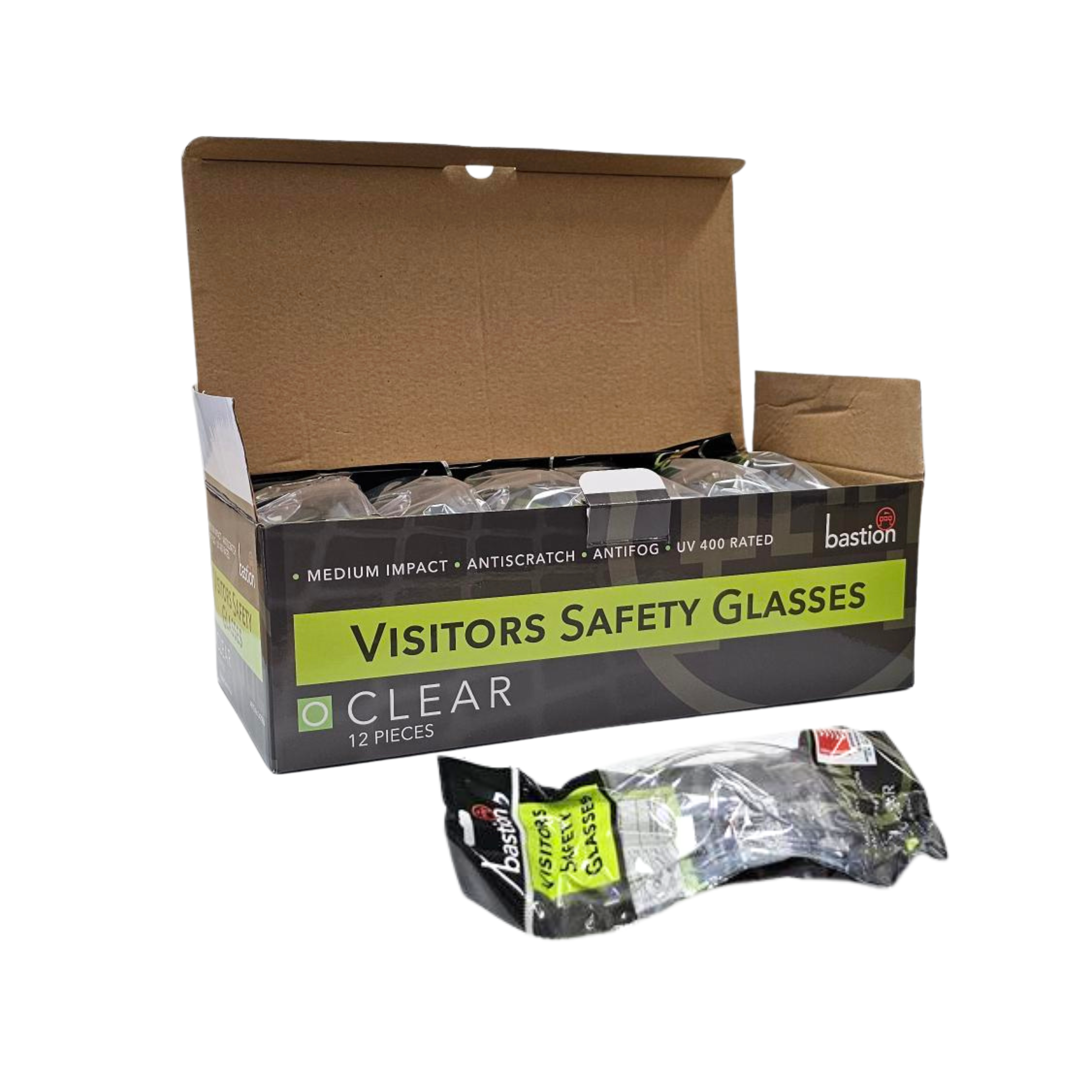 A retail box of Bastion Safety Visitor Glasses to wear over prescription glasses