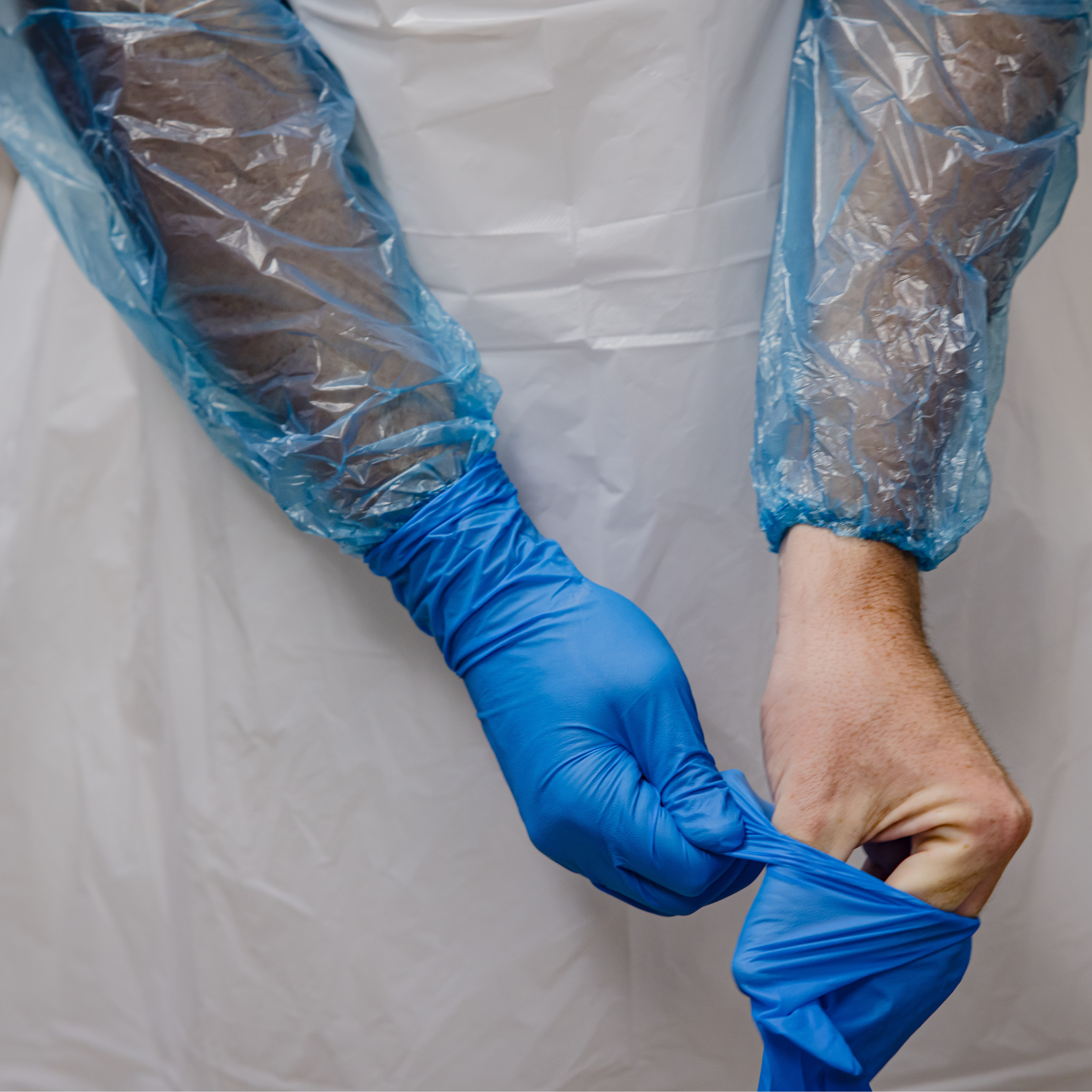 person wearing blue gloves and sleeve protectors
