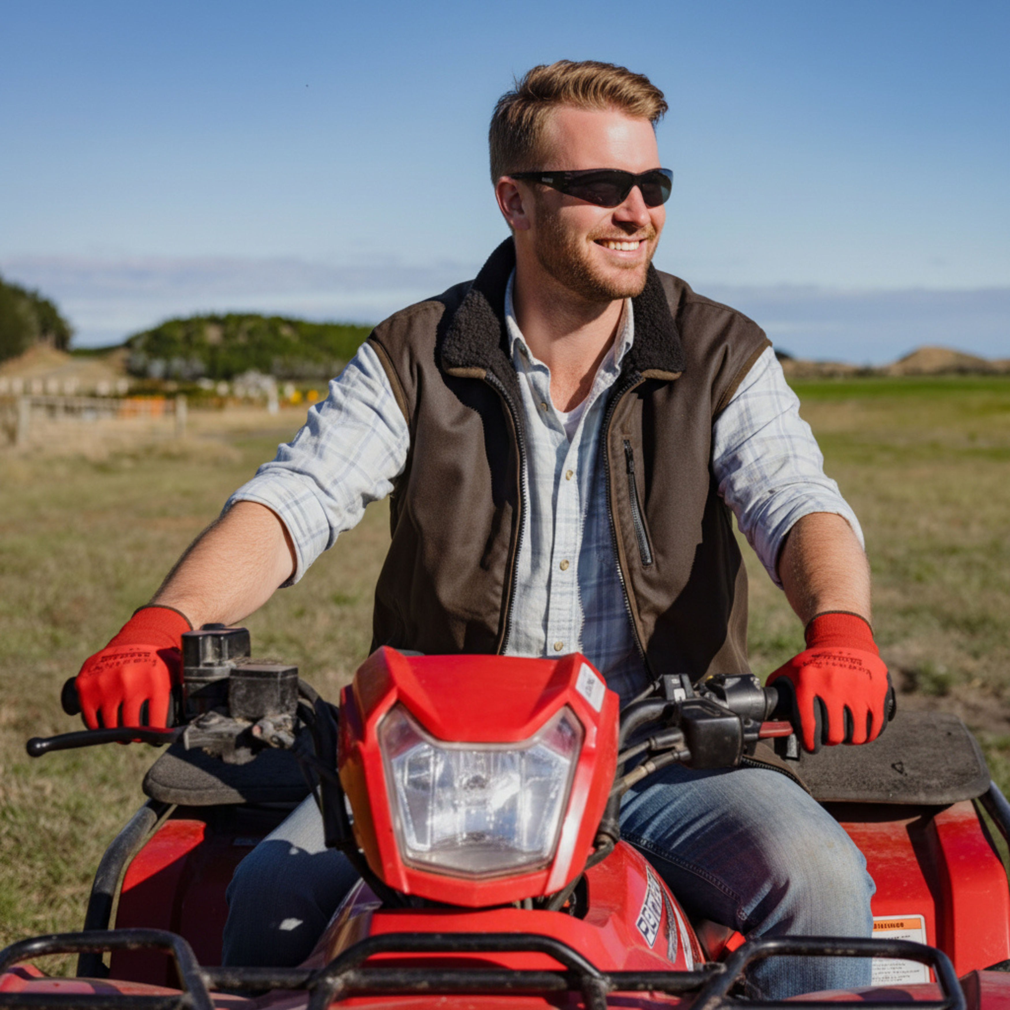 Farmer riding 4-wheeler, wearing Bastion Smoke Safety Glasses and Munich Gloves