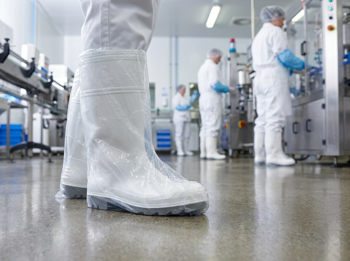 White gumboots protected by a PE Plastic Boot Cover in a food manufacturing plant