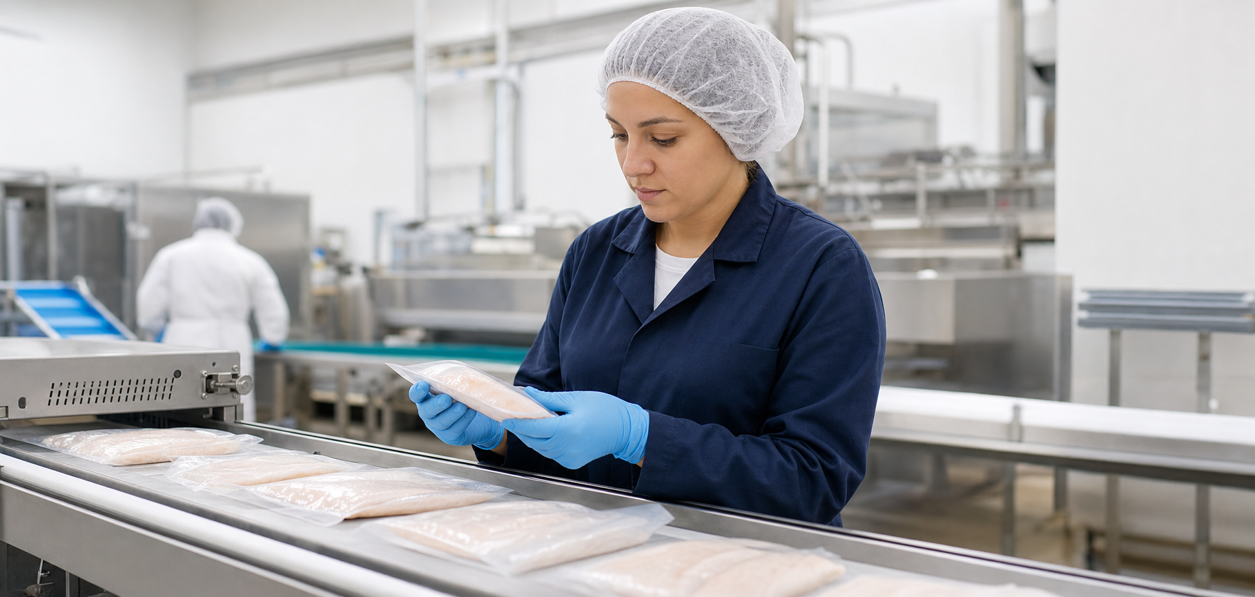 person on food production line with hairnet and blue gloves.