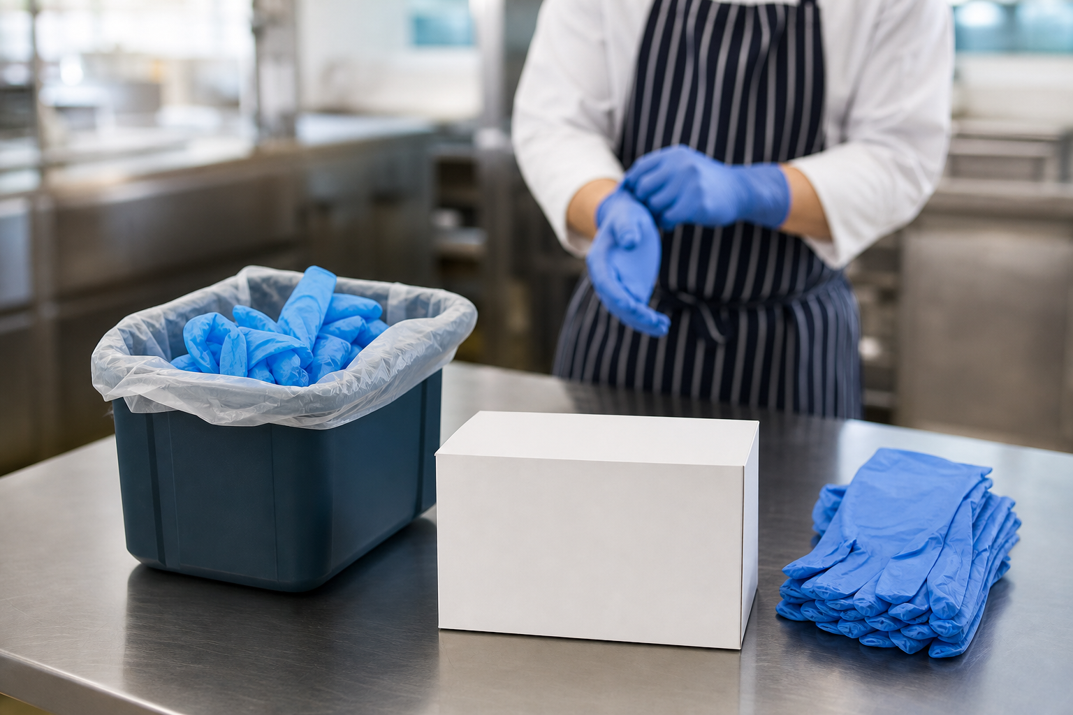 kitchen staff with pile of new and disposed gloves mid glove change.
