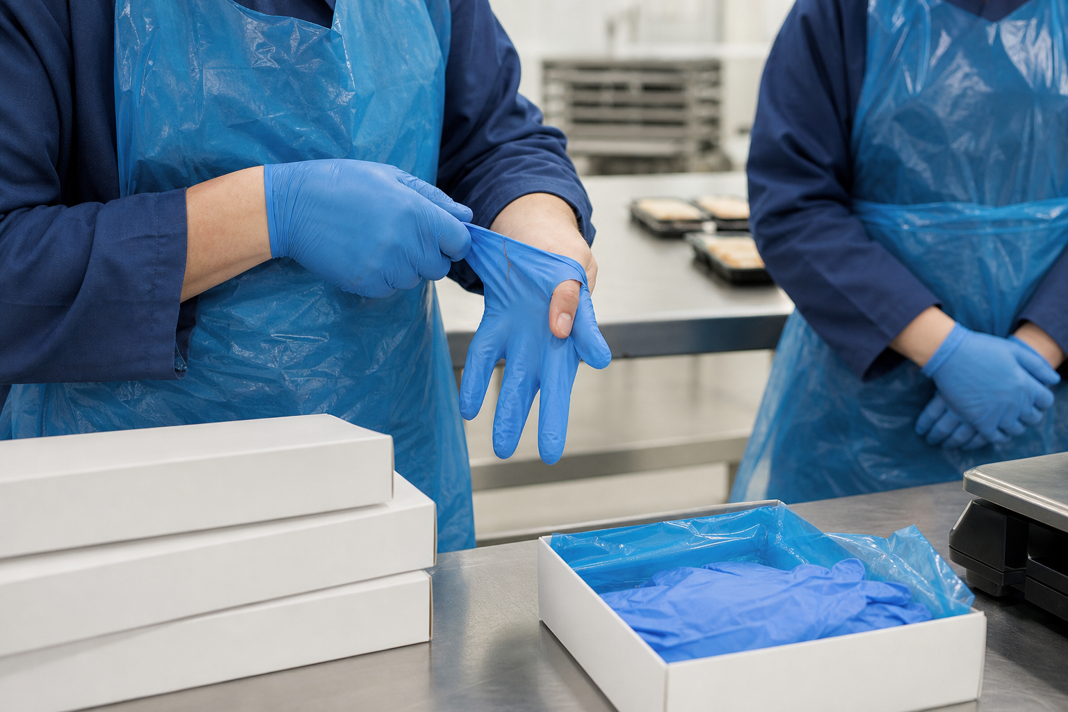 two food service team members. one waiting in full ppe, while the other team member has a glove fail during donning.