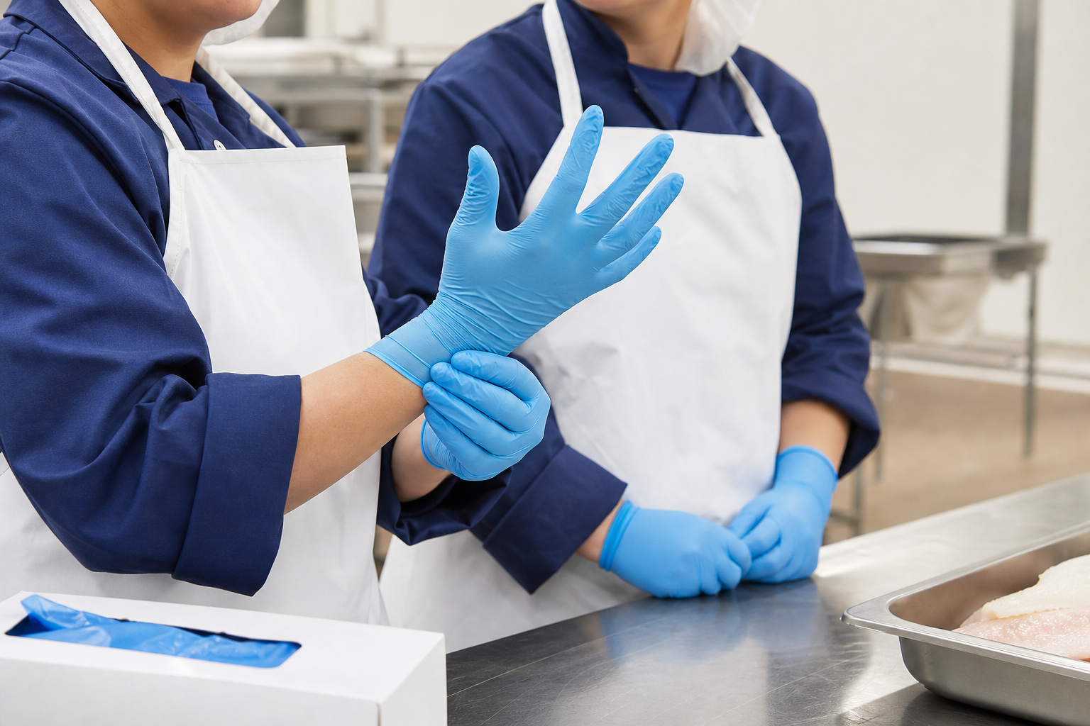 two staff members in food production confirming glove fit.