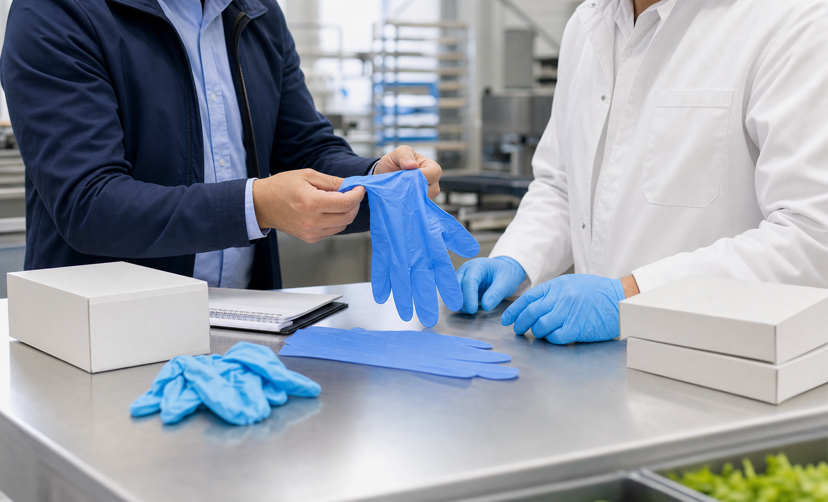 One operations and a food production floor worker reviewing gloves.