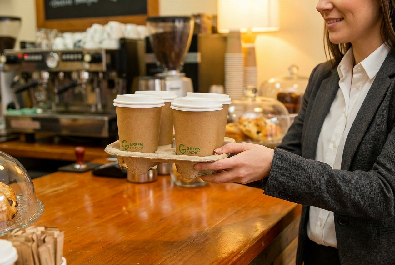Corporate team member picking up coffee run for team