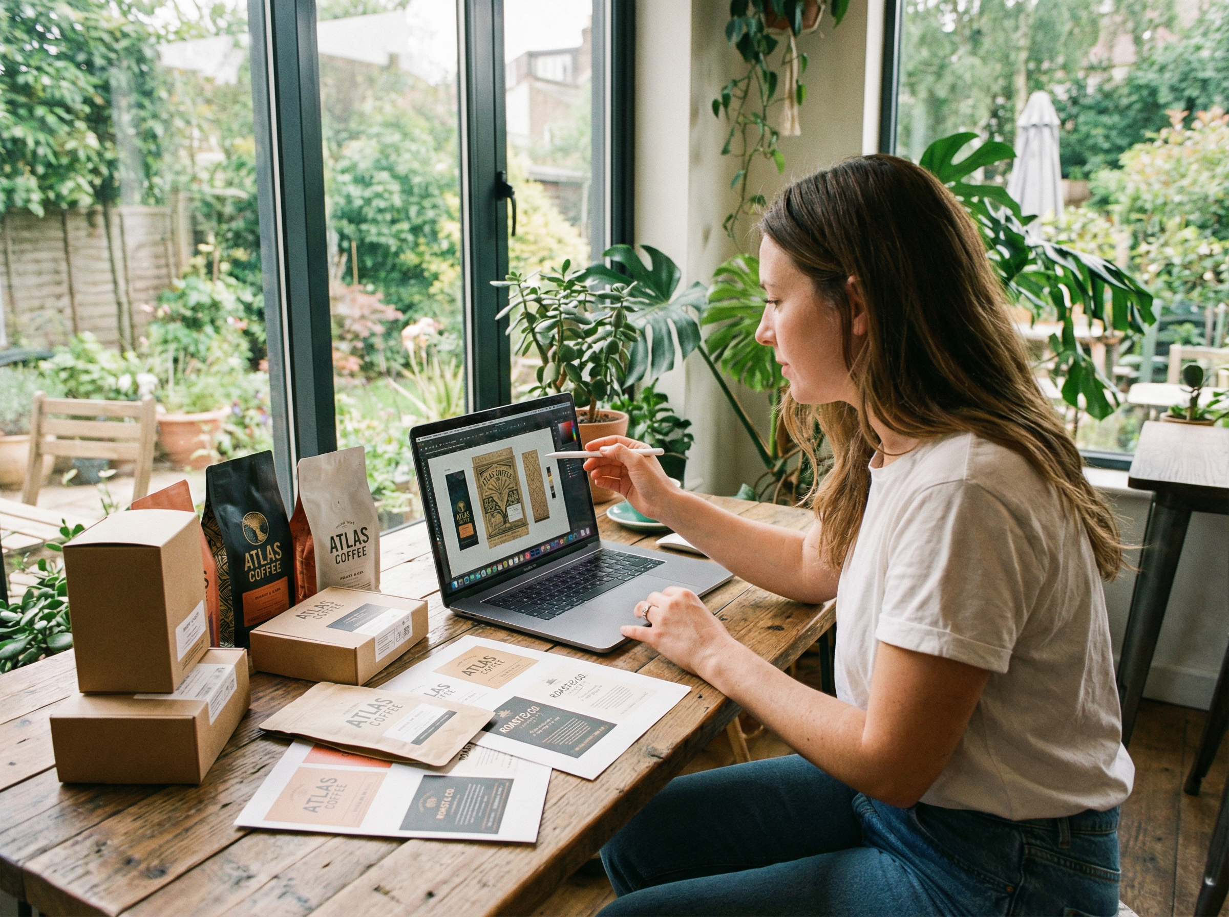Designer reviewing packaging artwork on laptop - packaging samples on desk