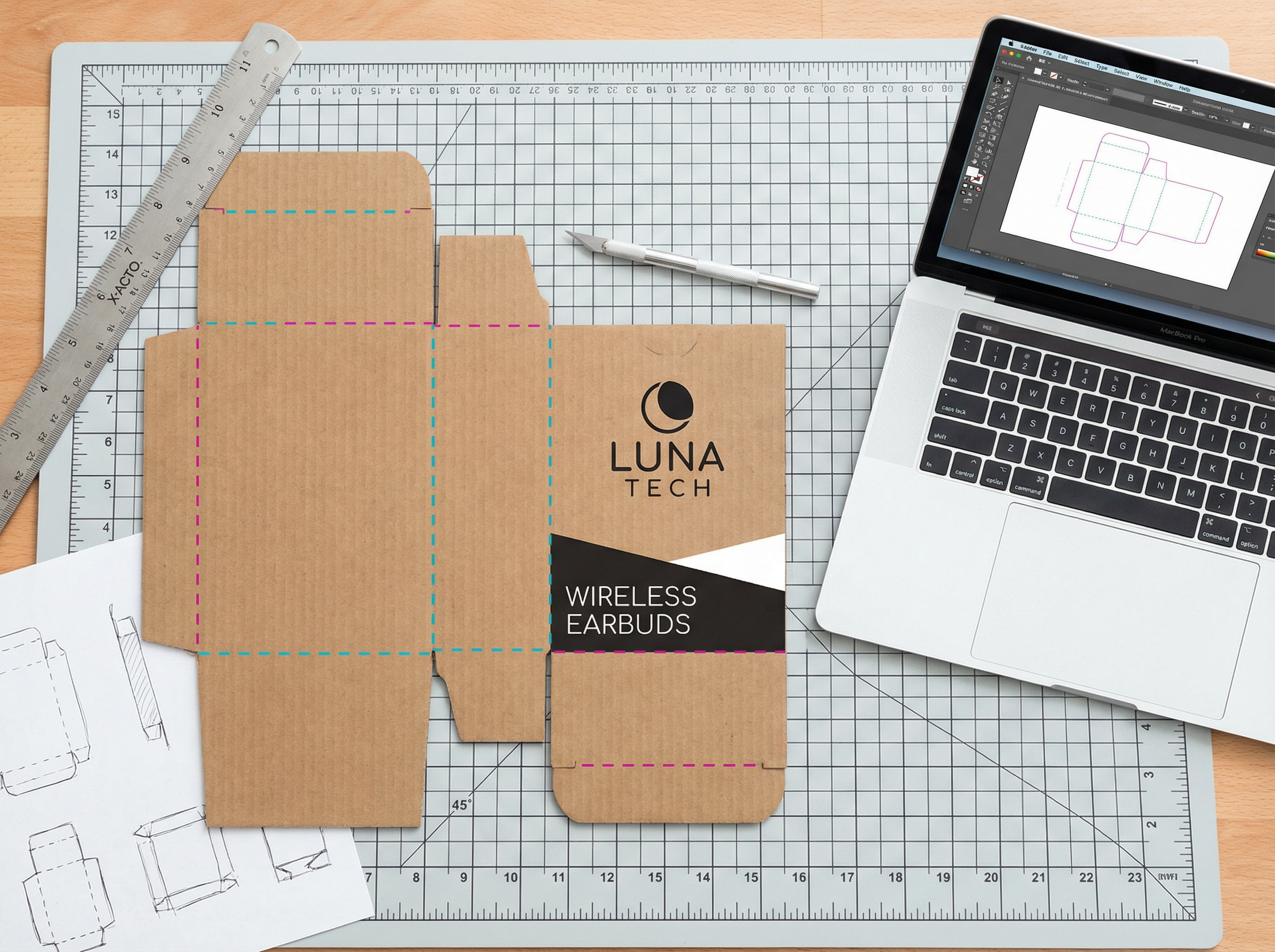A printed example of a populated dieline in life size printed and trimmed to size on a cutting matt with sketches of packaging and a computer showing the digital version of a dieline.