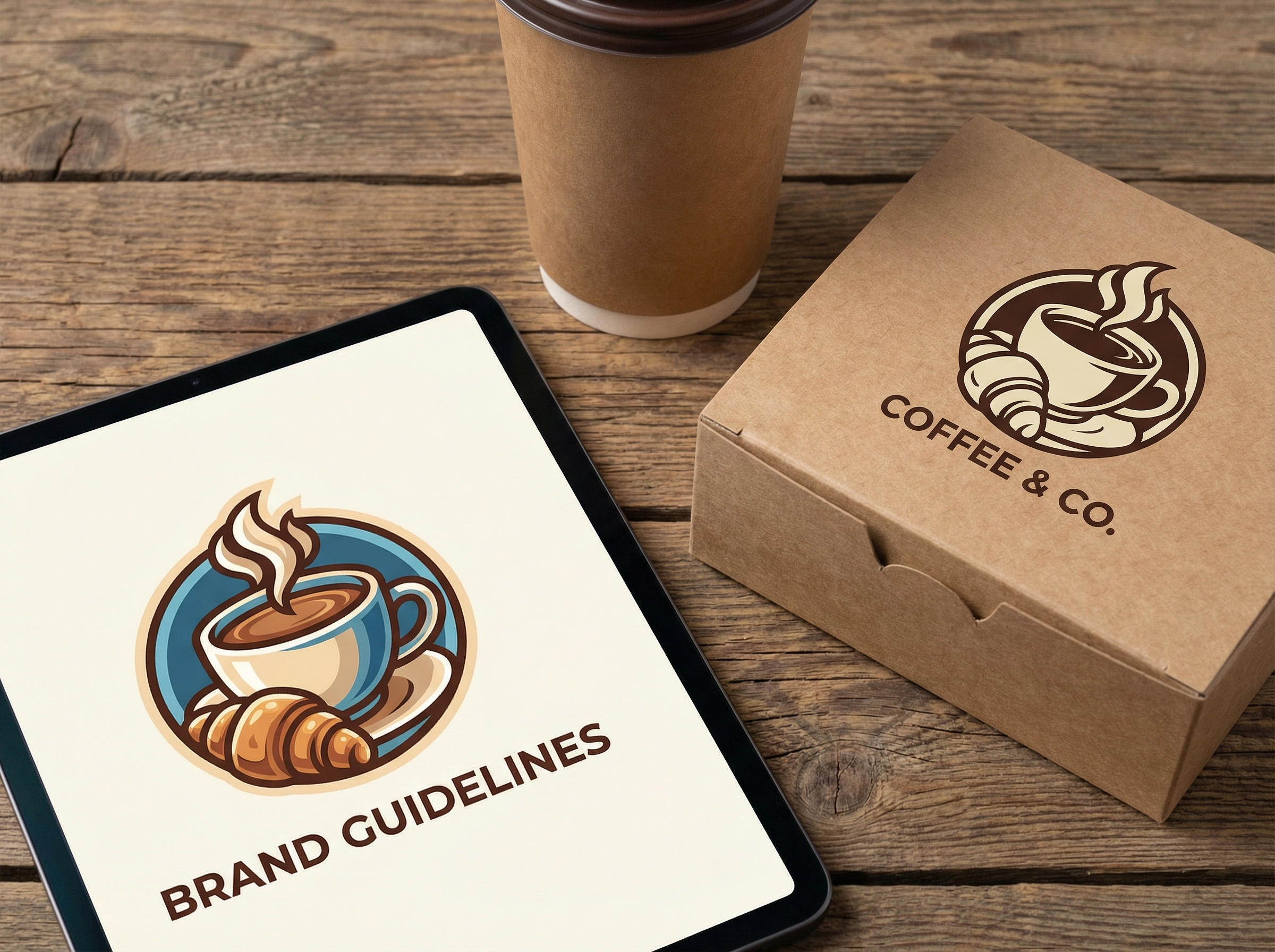 Full colour café logo brand book on screen next to simplified spot colour version