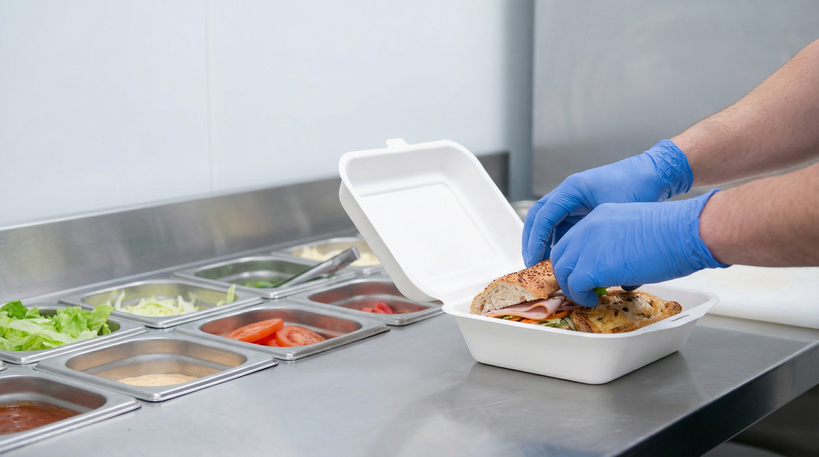 Lunch packaging station in commercial kitchen into sugarcane container wearing blue nitrile gloves.