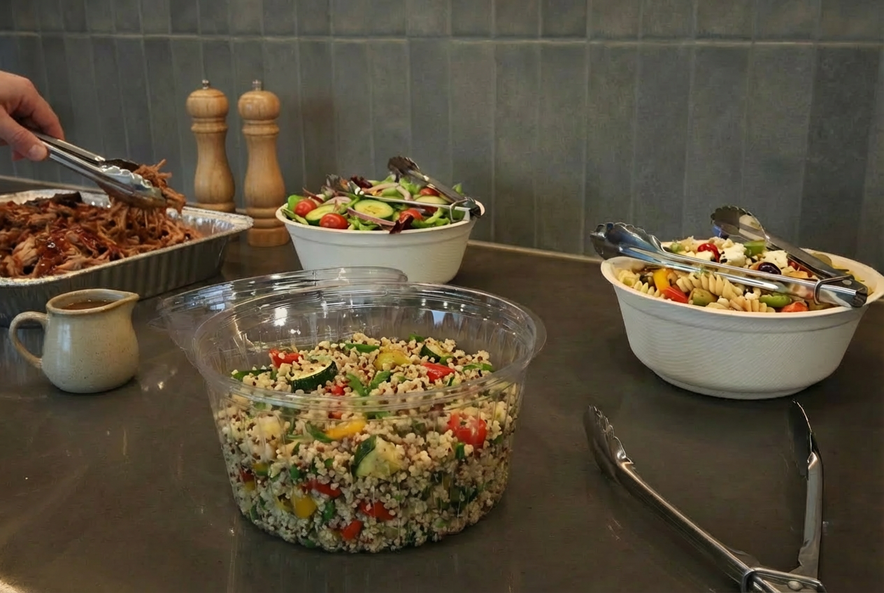 shared catered lunch of salads and meets in a variety of food packaging