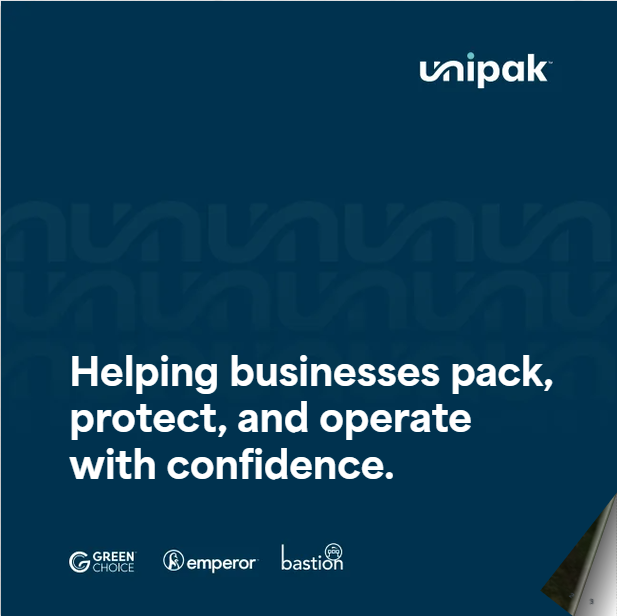 Cover mockup of Unipak Corporate brochure showing front cover with light fold on bottom right side indicating pages to be flipped through.