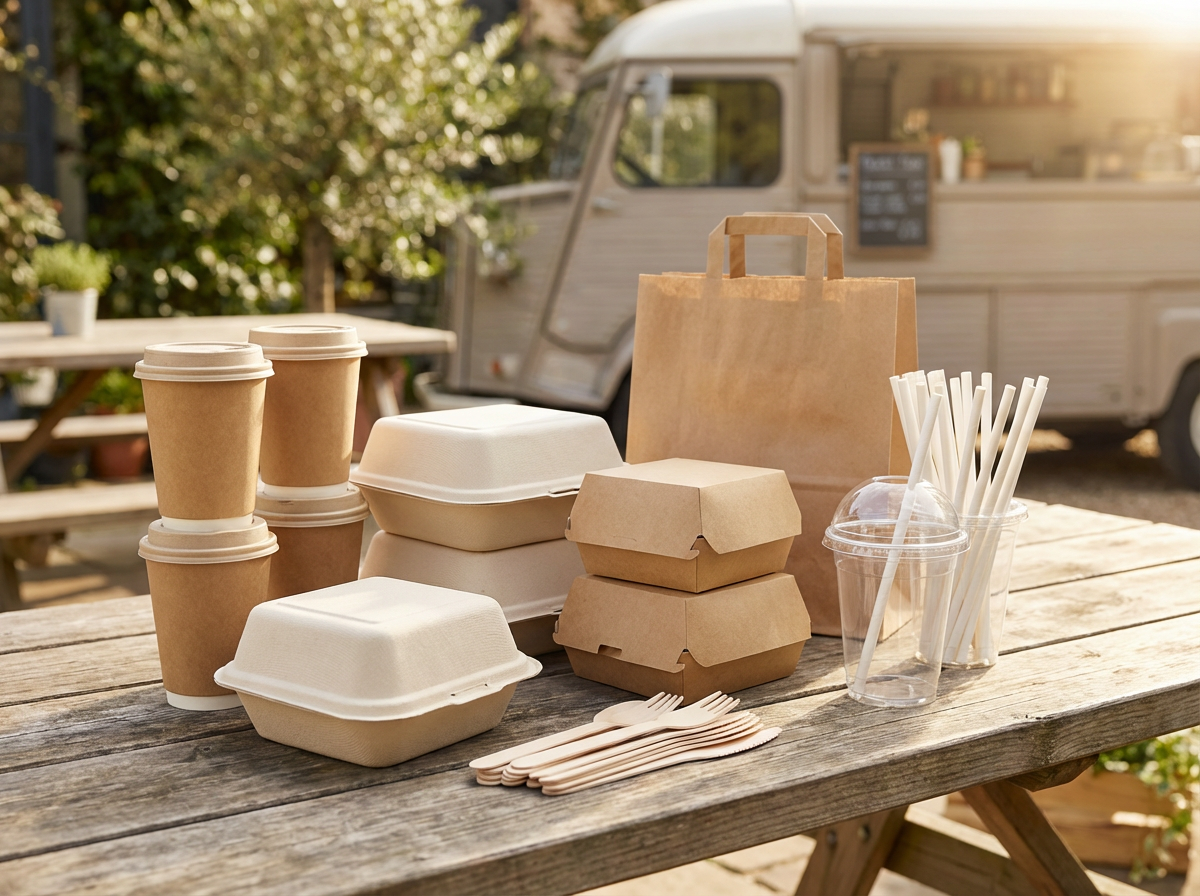 a selection of essential takeaway food packaging for a new cafe