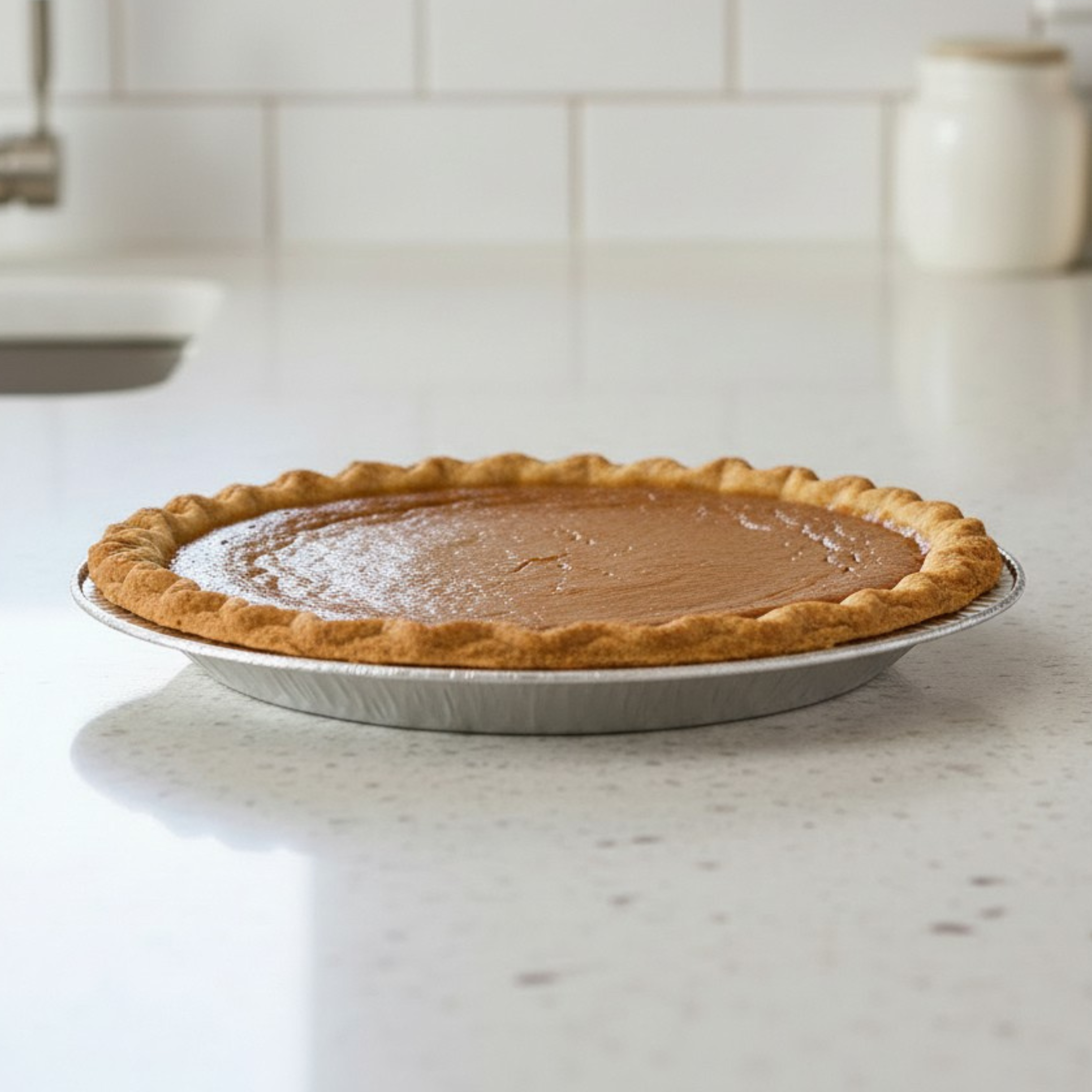 Sweet pie in a foil tray sitting on a kitchen bench.