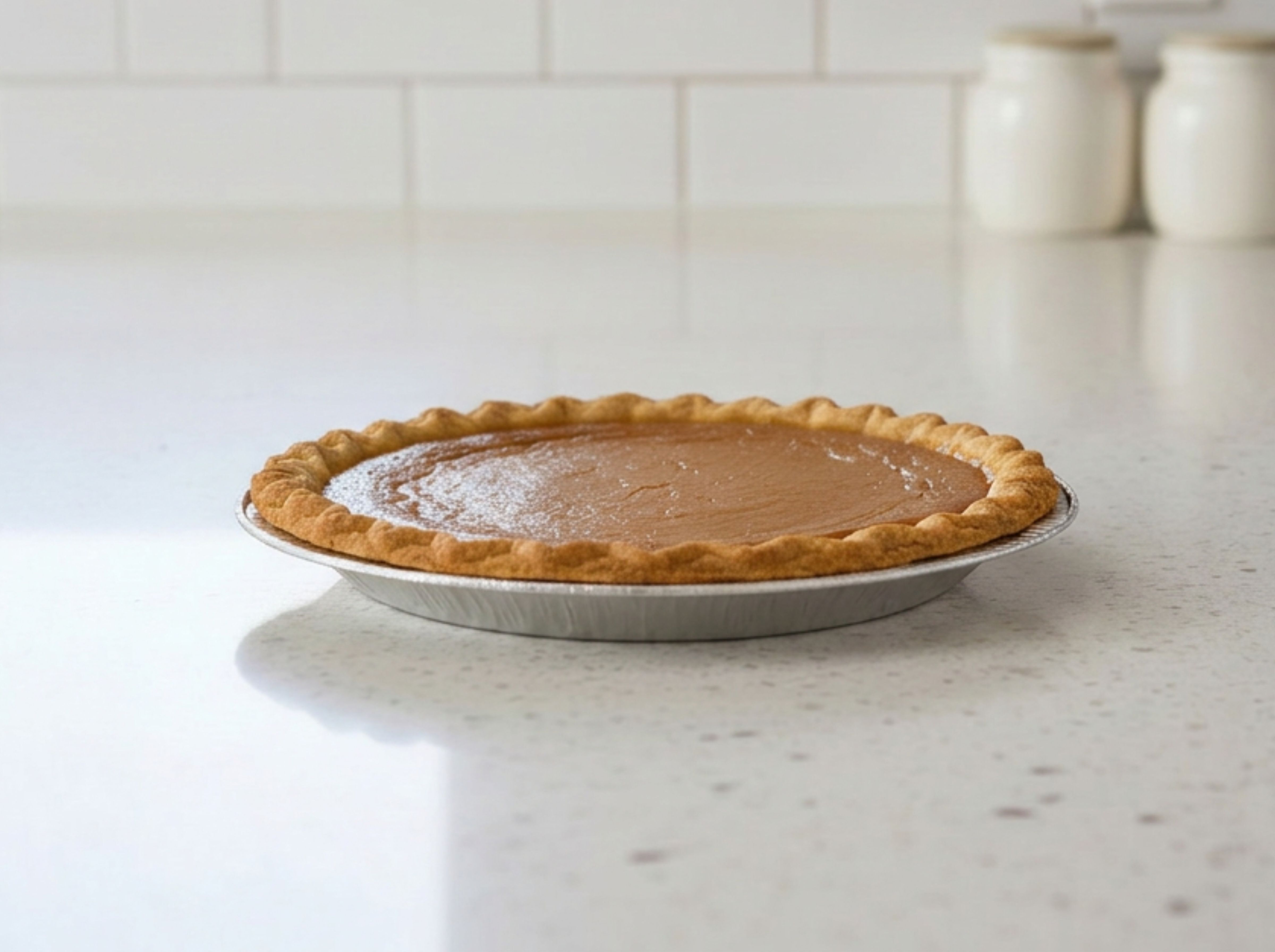 Sweet pie in a foil tray sitting on a kitchen bench.