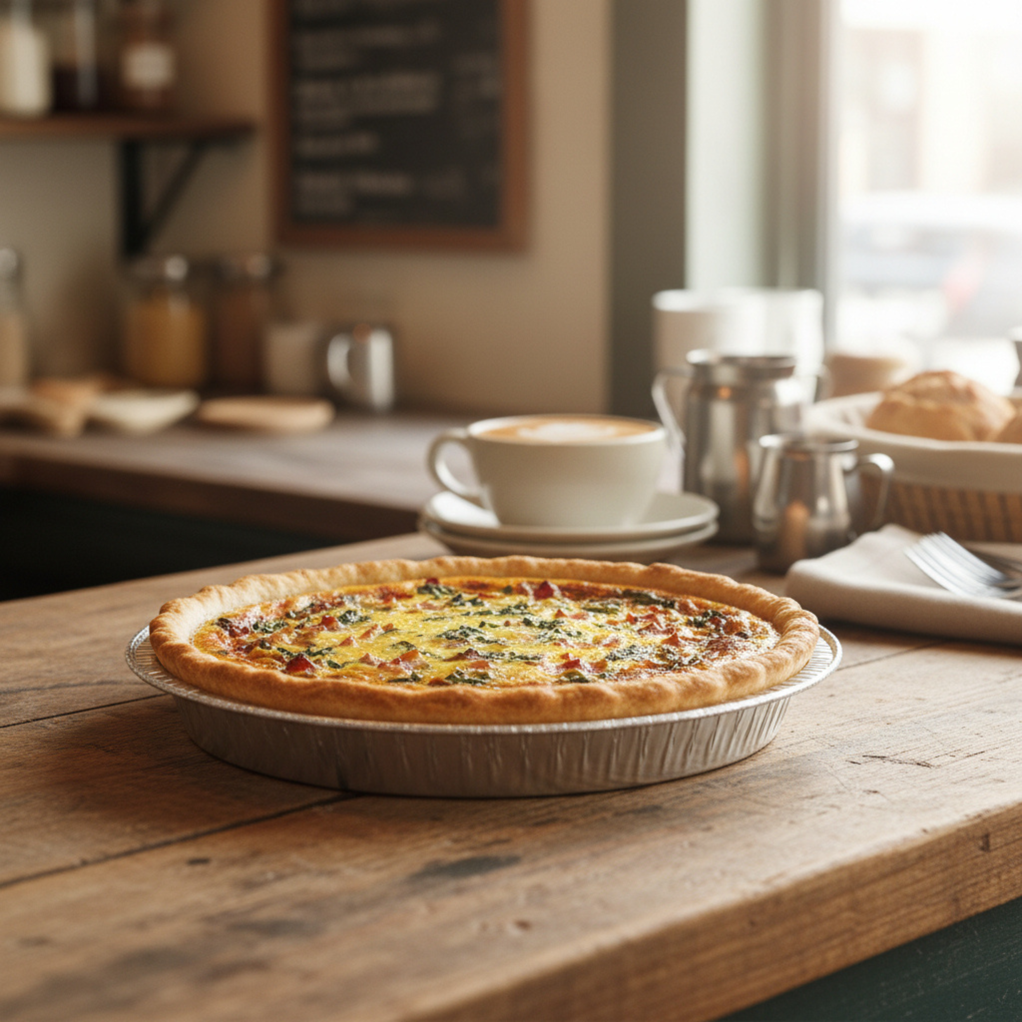 A quiche cooling on a countertop