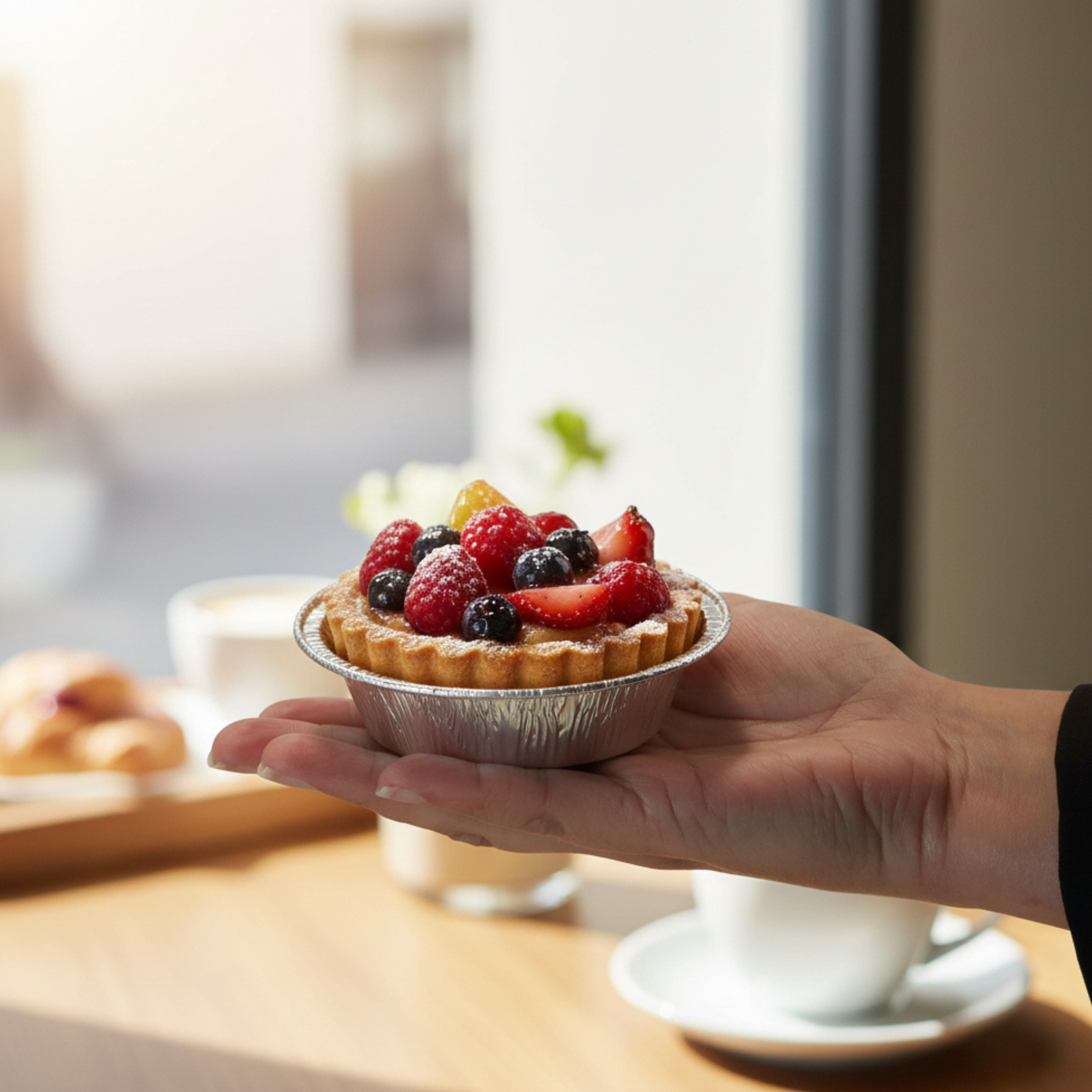 Someone holding a small tart topped with berries.