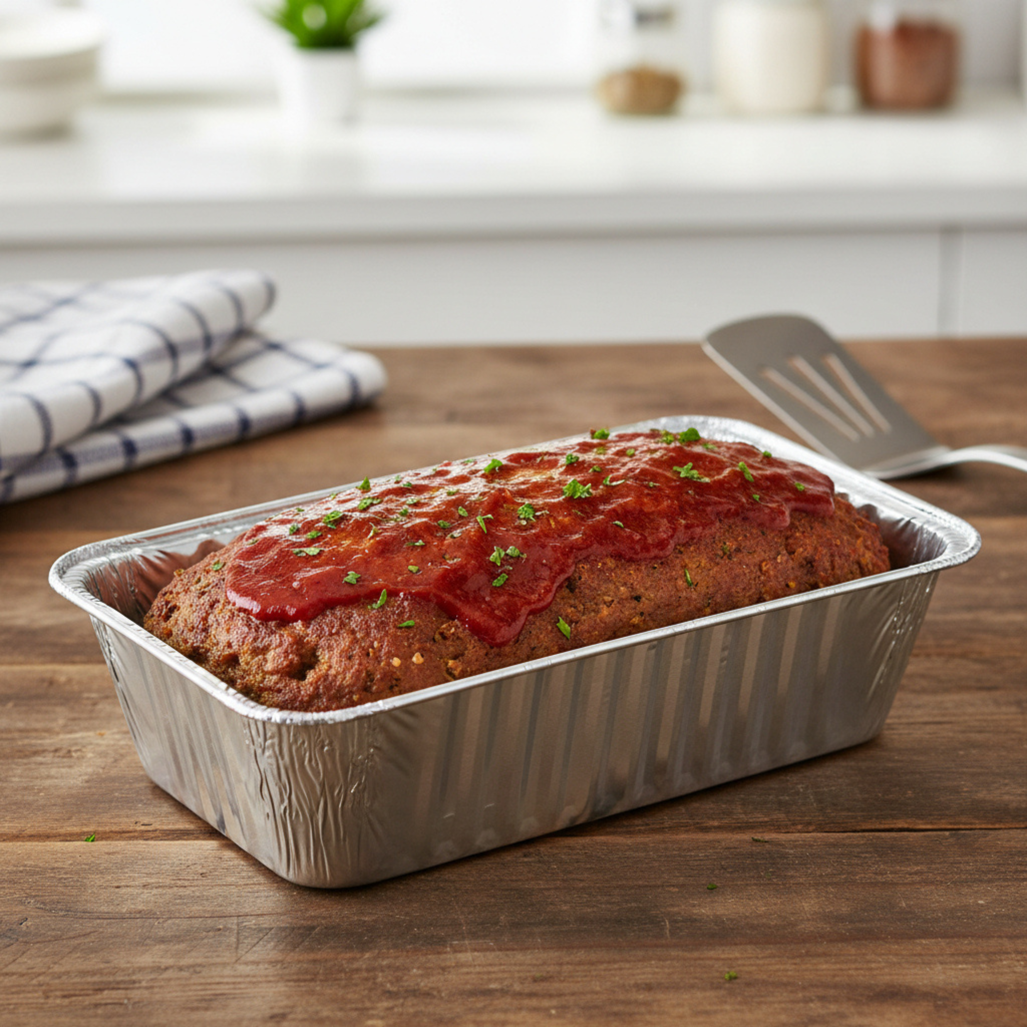 A meatloaf is cooling in a foil dish, sitting on a kitchen bench.