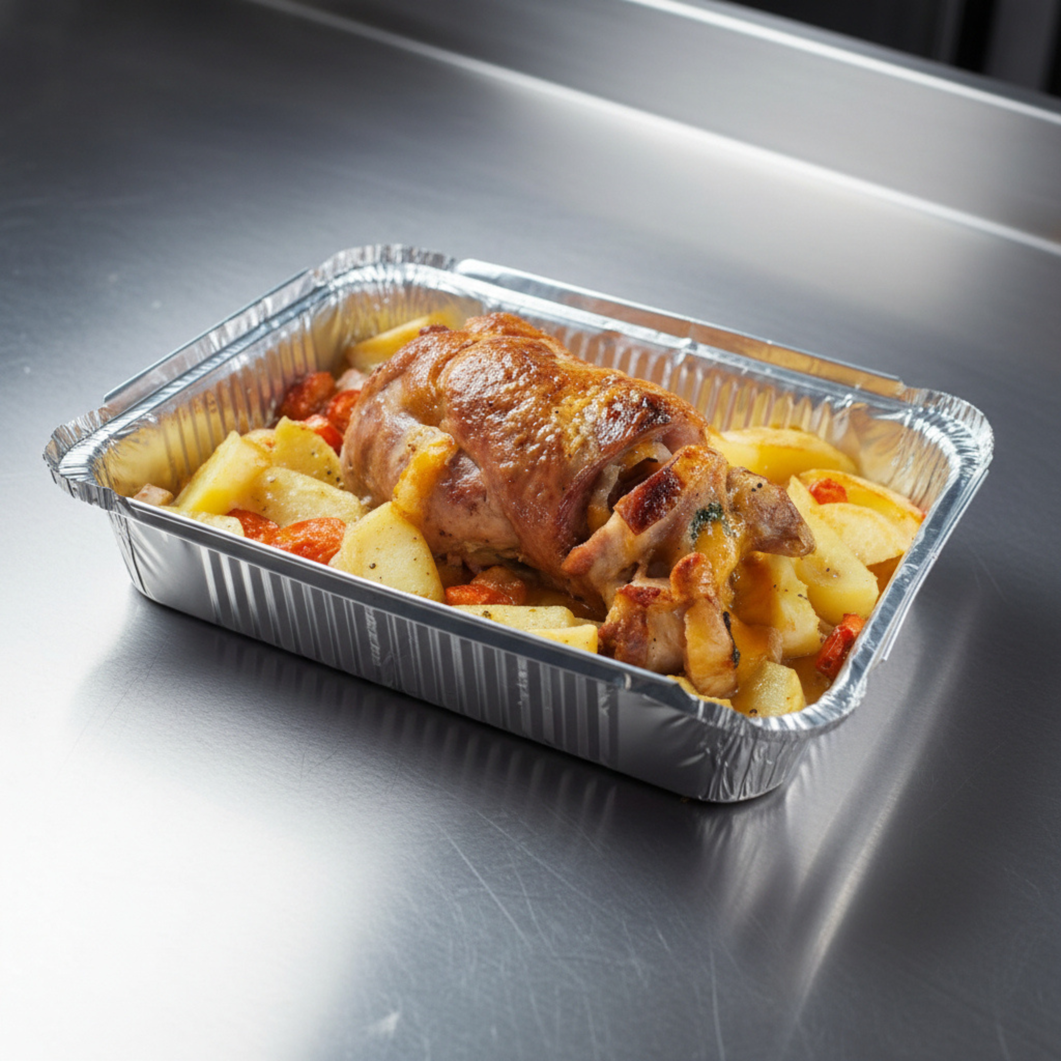 Foil container with roast chicken and potatoes sitting on a stainless steel bench.