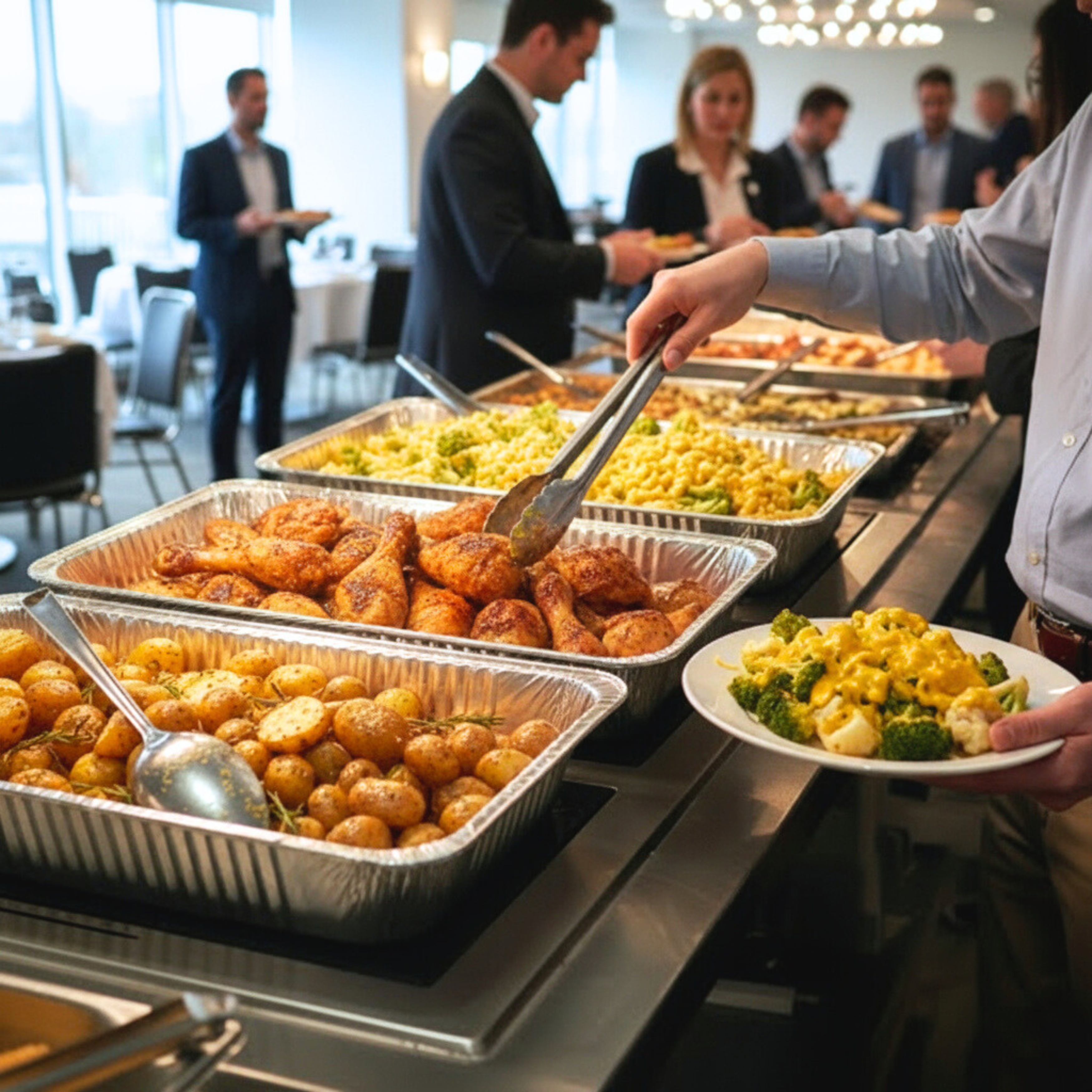 People helping themselves from foil catering dishes lined up on a table.