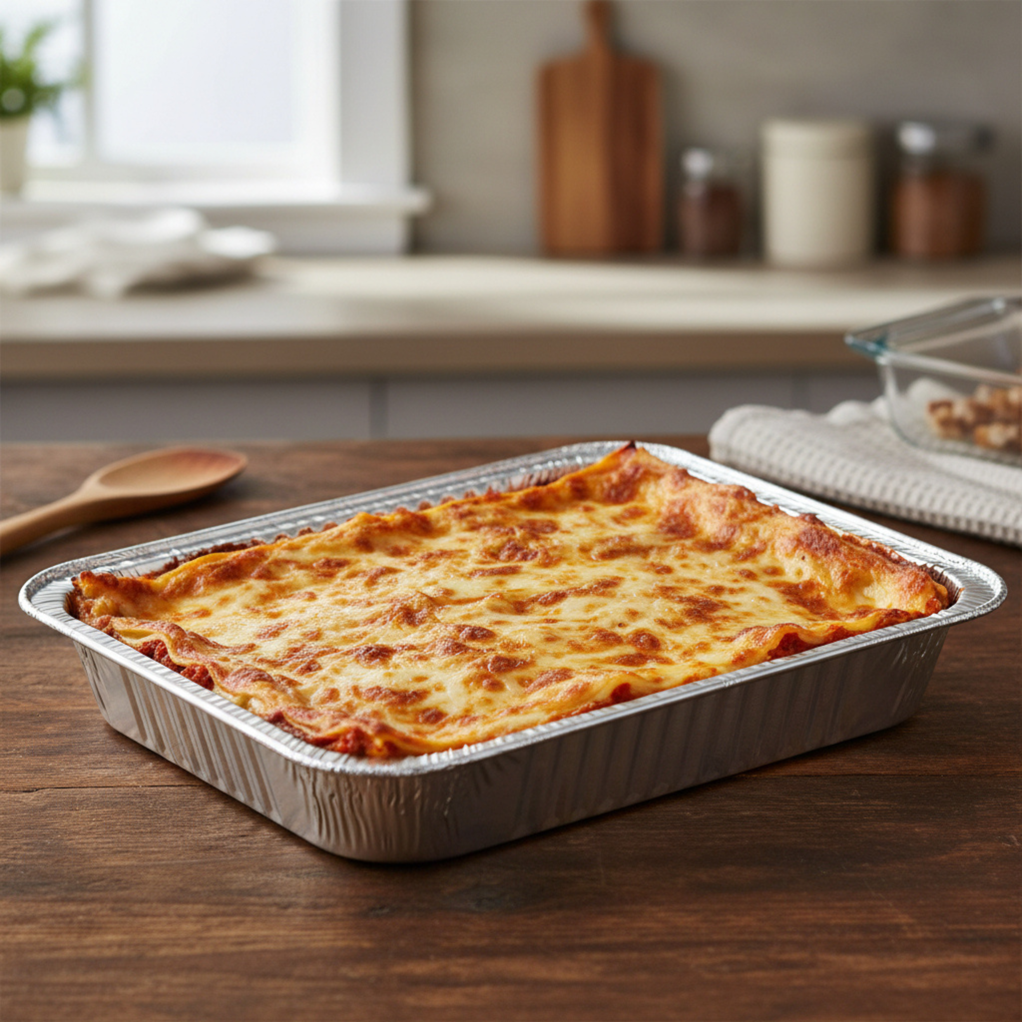 A foil lasagna is cooling in a foil tray on a kitchen bench top.