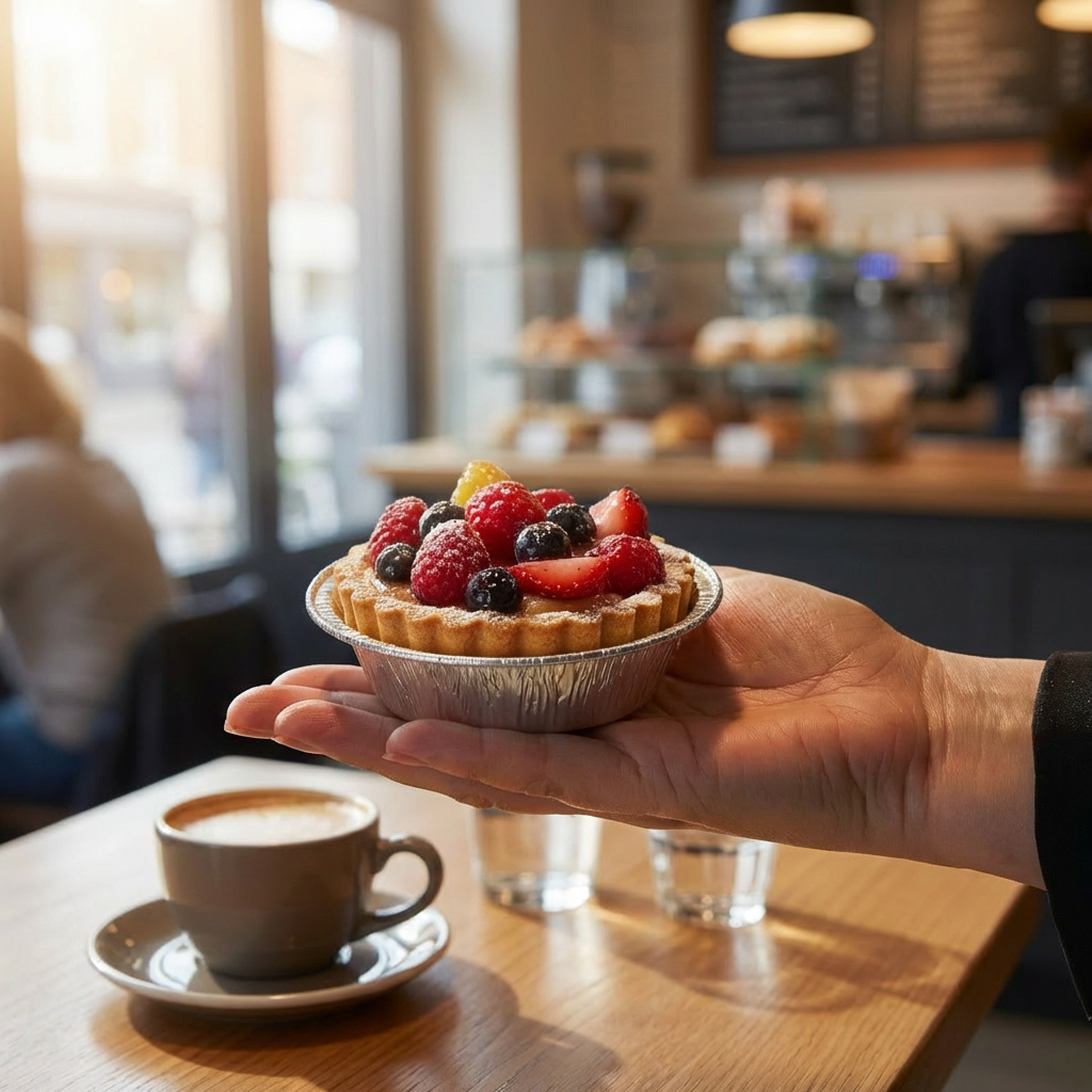 Someone holding a small tart topped with berries.