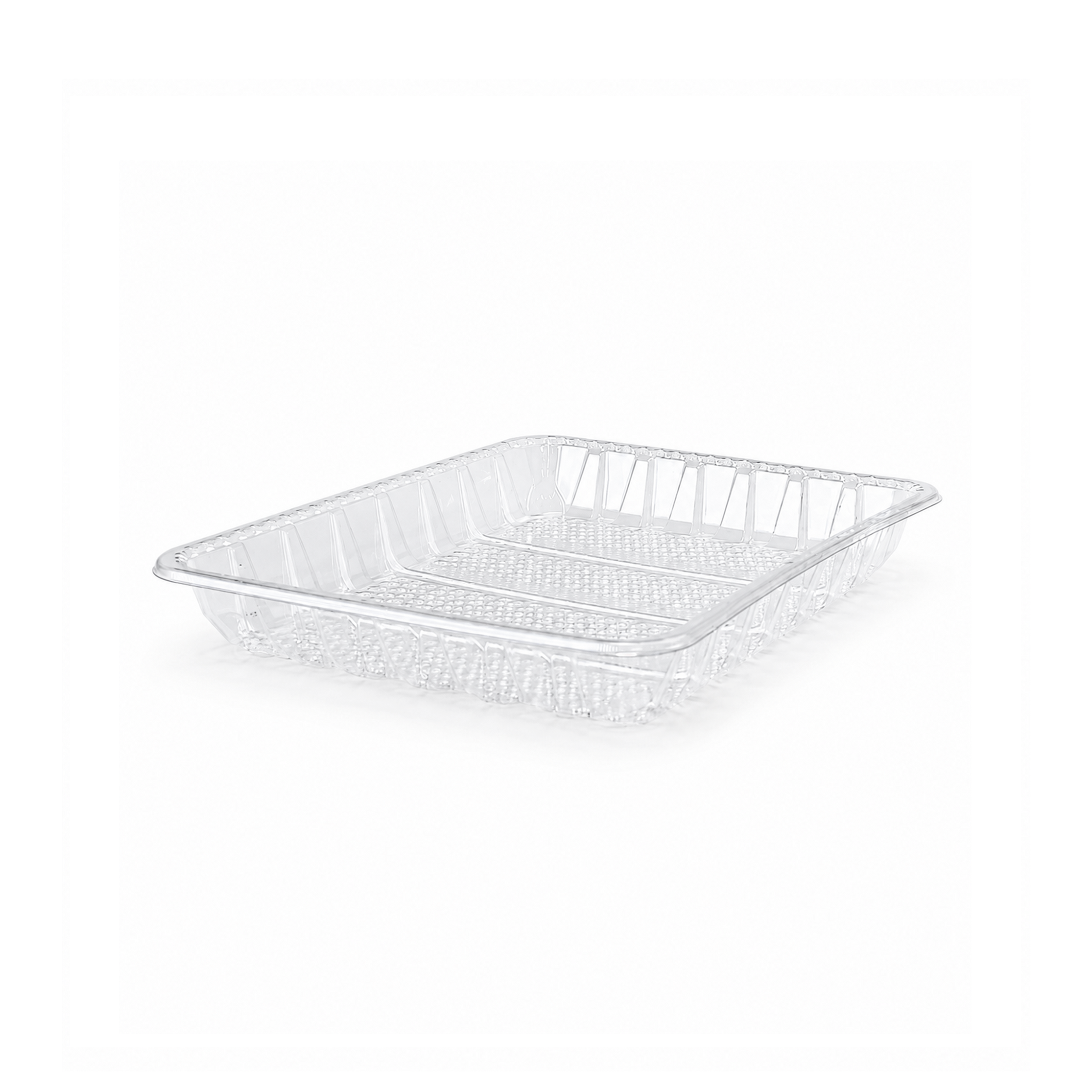 8x10in Clear meat tray with unique moisture capture design to remove requirement for soak pad.