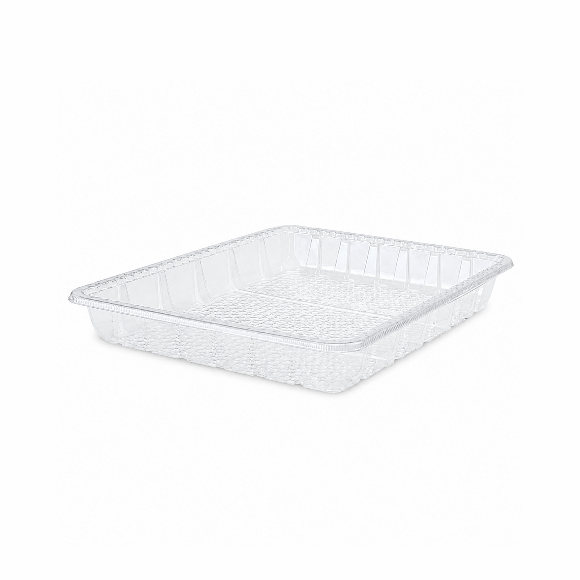 9x11in Clear meat tray with unique moisture capture design to remove requirement for soak pad.