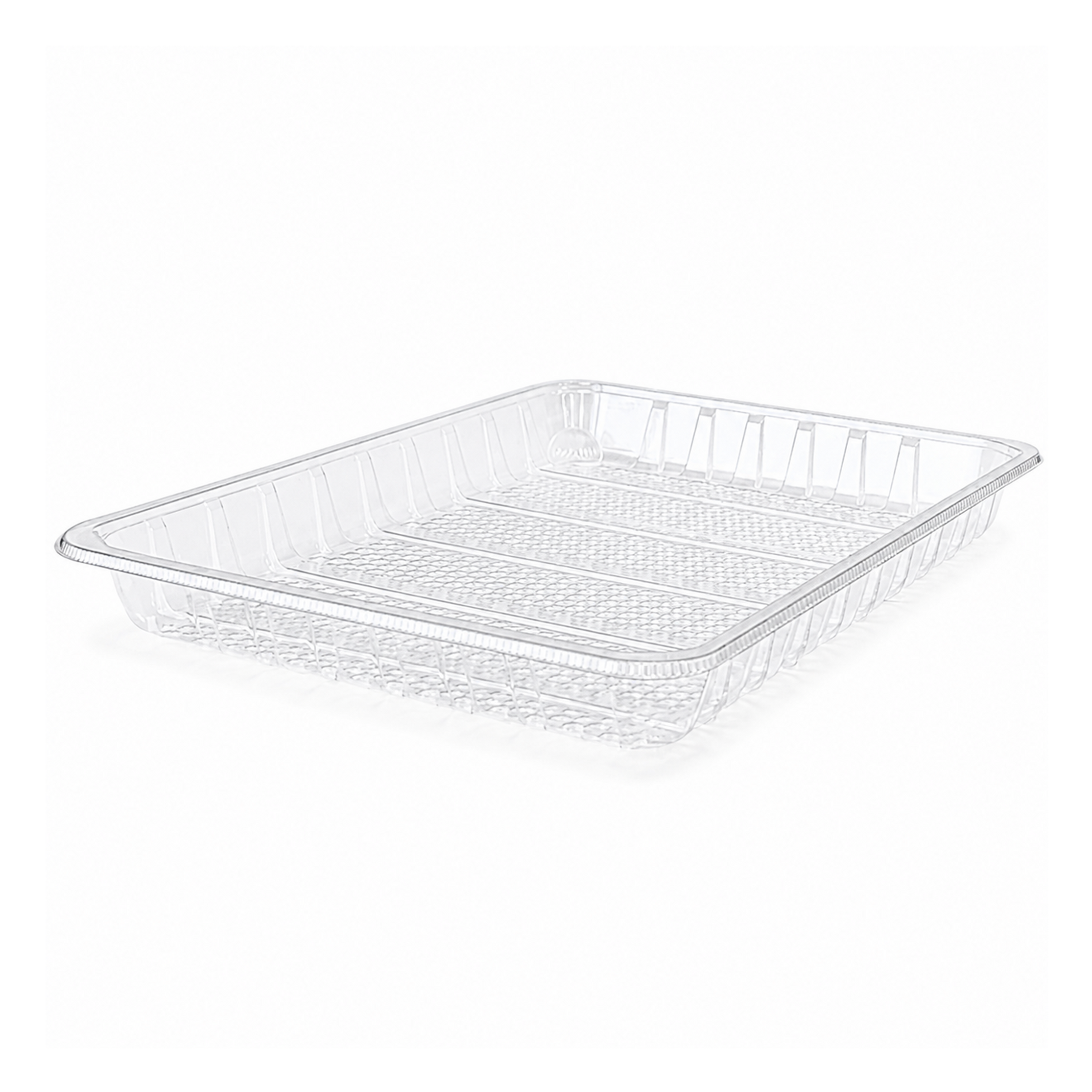 10x13in Clear meat tray with unique moisture capture design to remove requirement for soak pad.