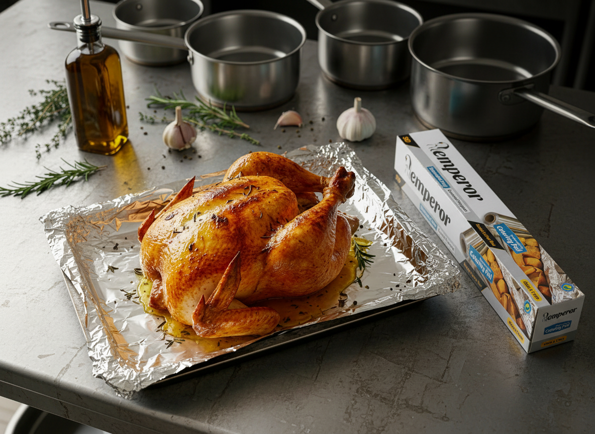 Roast chicken on a foil-lined tray. Emperor foil dispenser in the background.