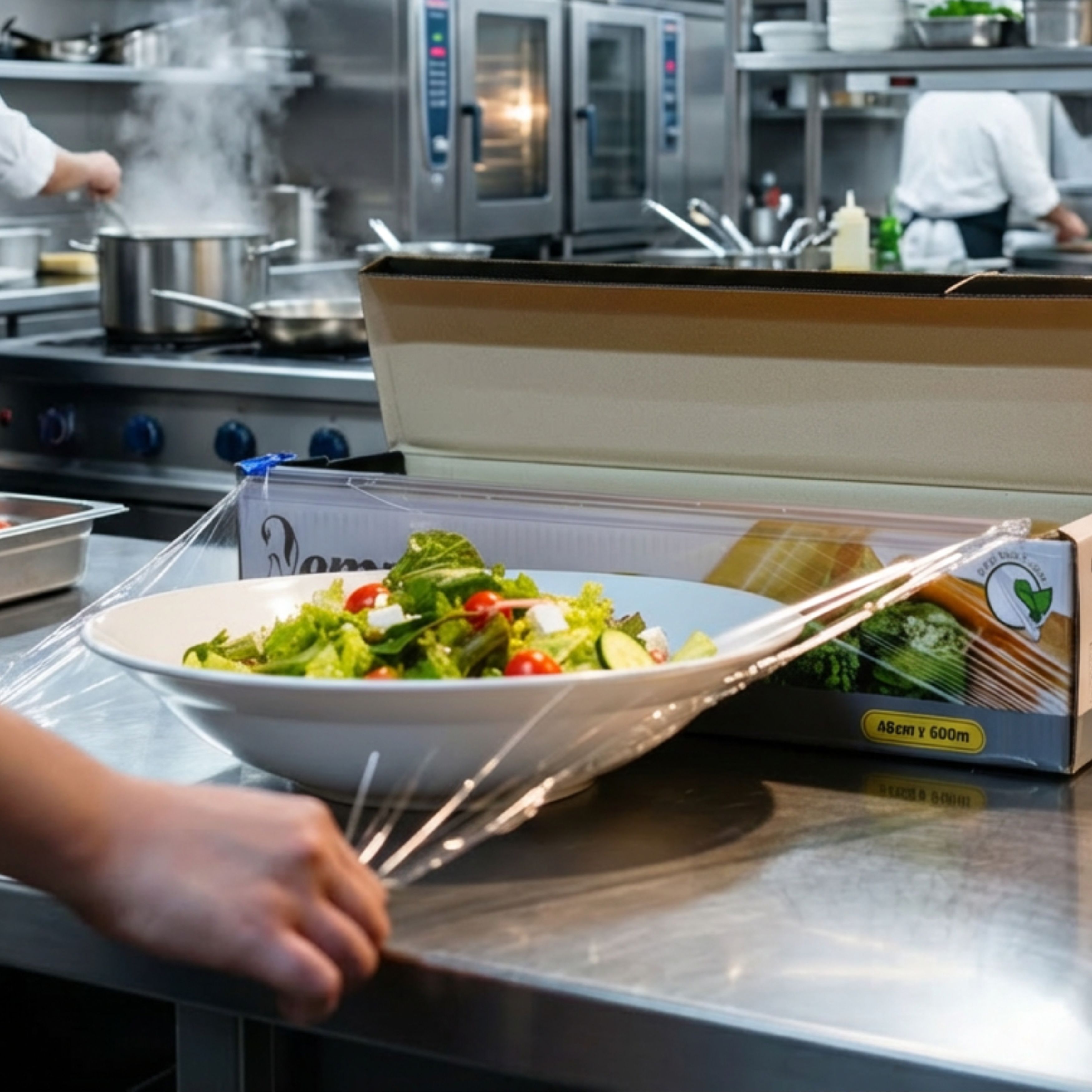 Emperor Clip Wrap being used to cover a bowl of salad in a busy commercial kitchen