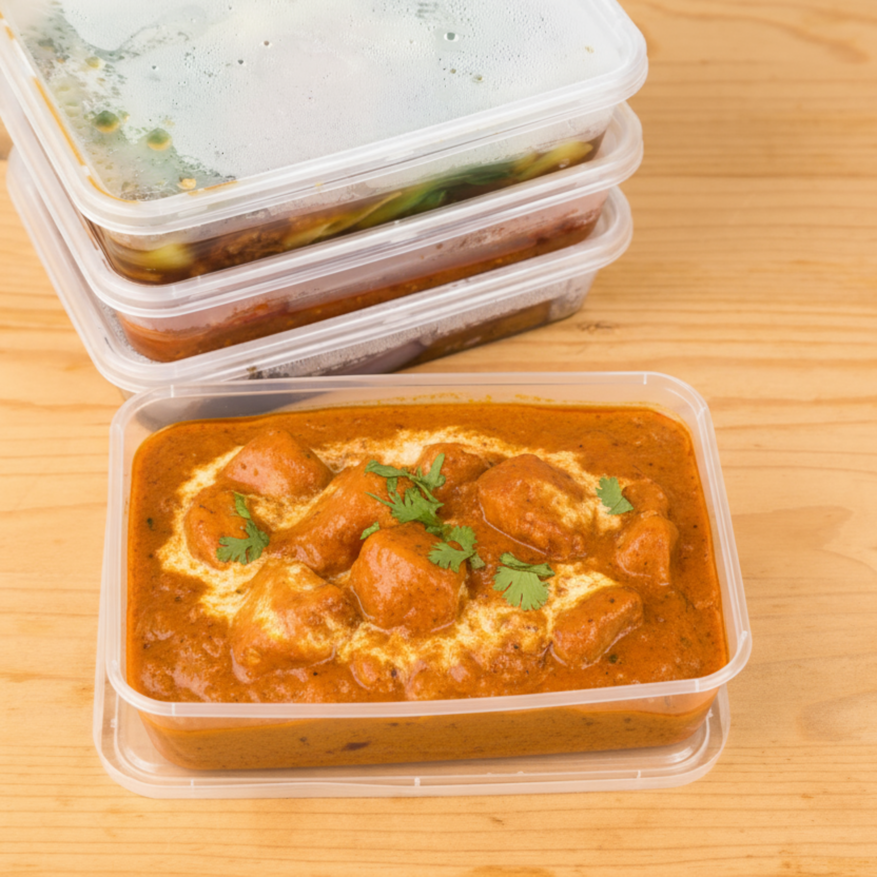 Rectangle Containers sitting on a bench filled with hot butter chicken and Chinese food