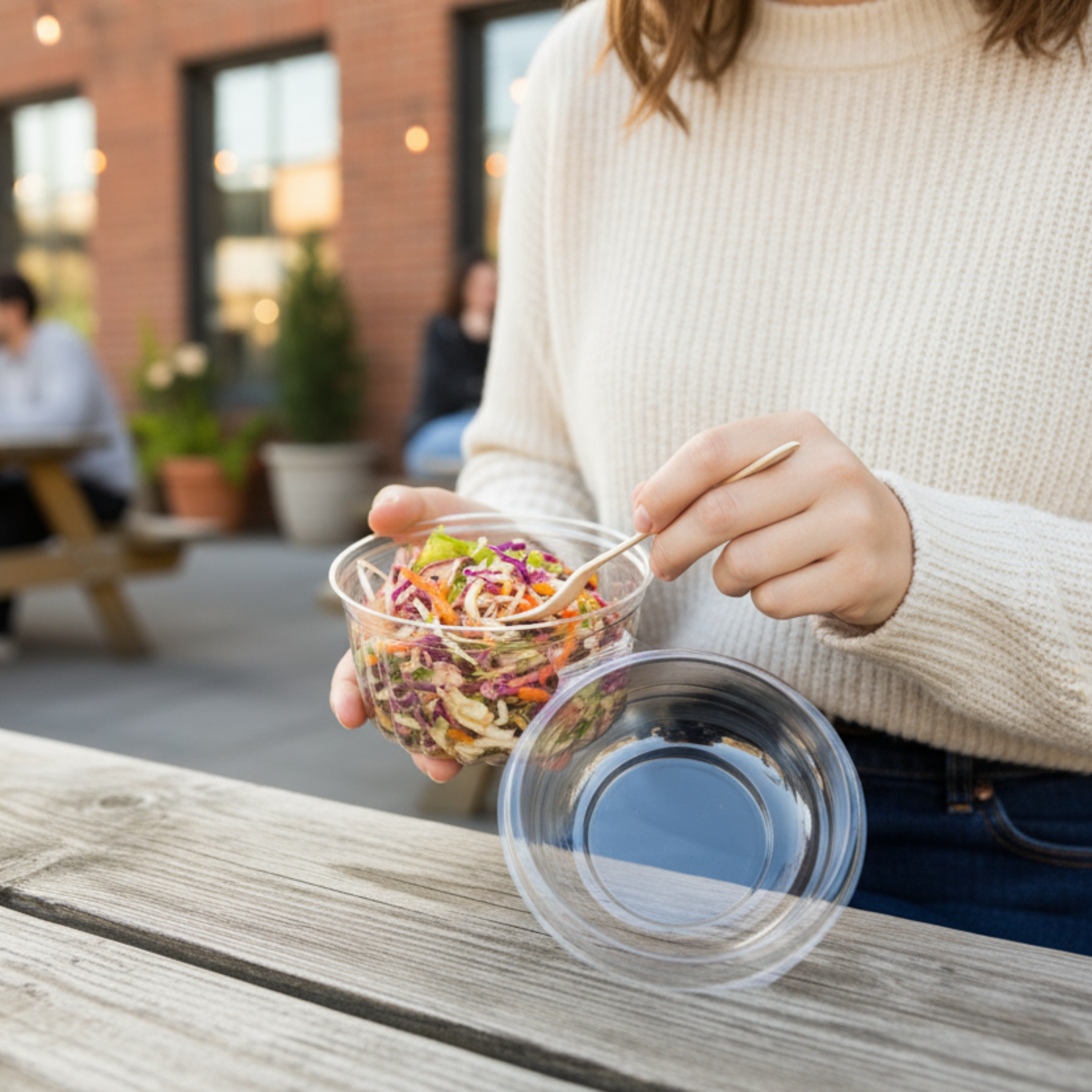 A lady eating salad from an Emperor Sho-bowl with a dome lid