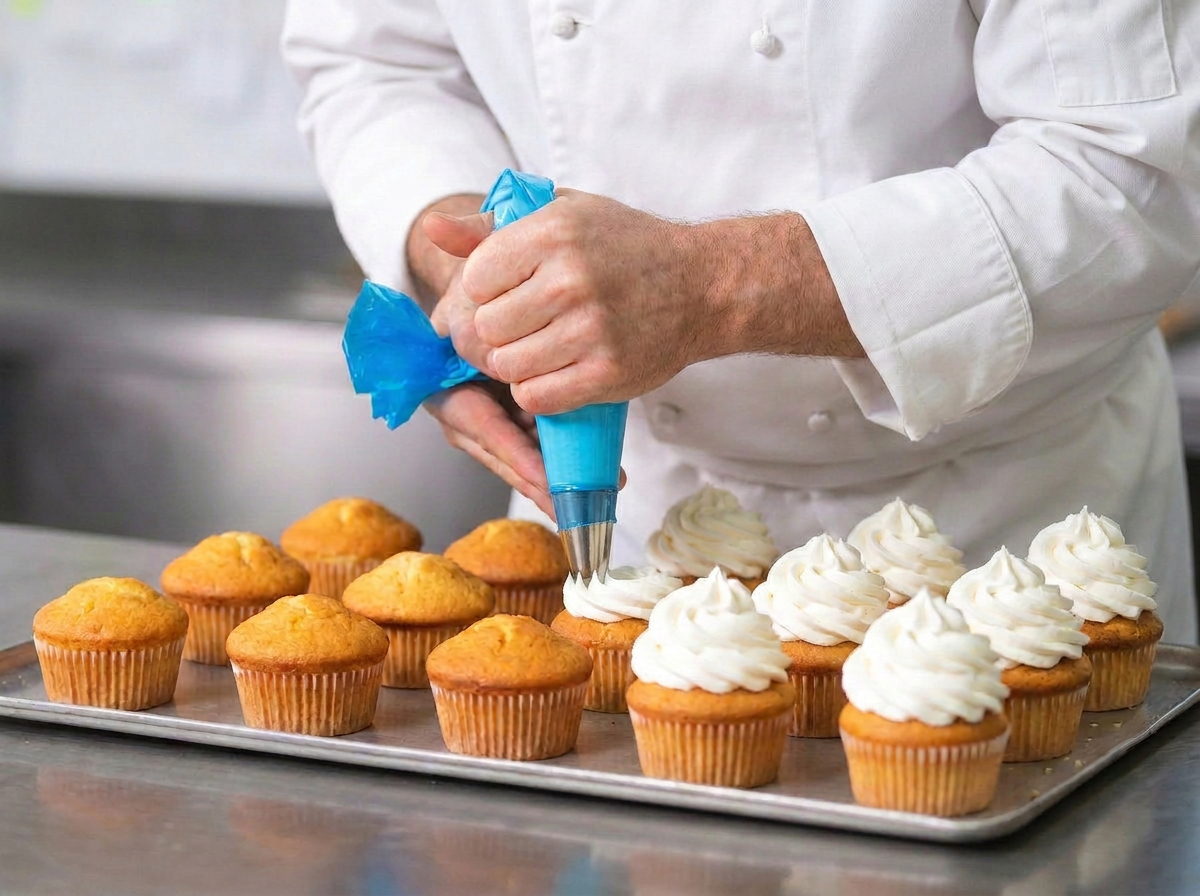 A chef using a piping bag to ice cupcakes.