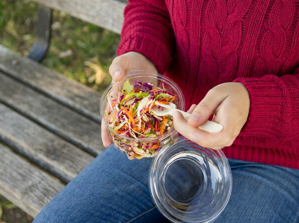 Someone sitting on a park bench, eating a salad from a domed sho-bowl.