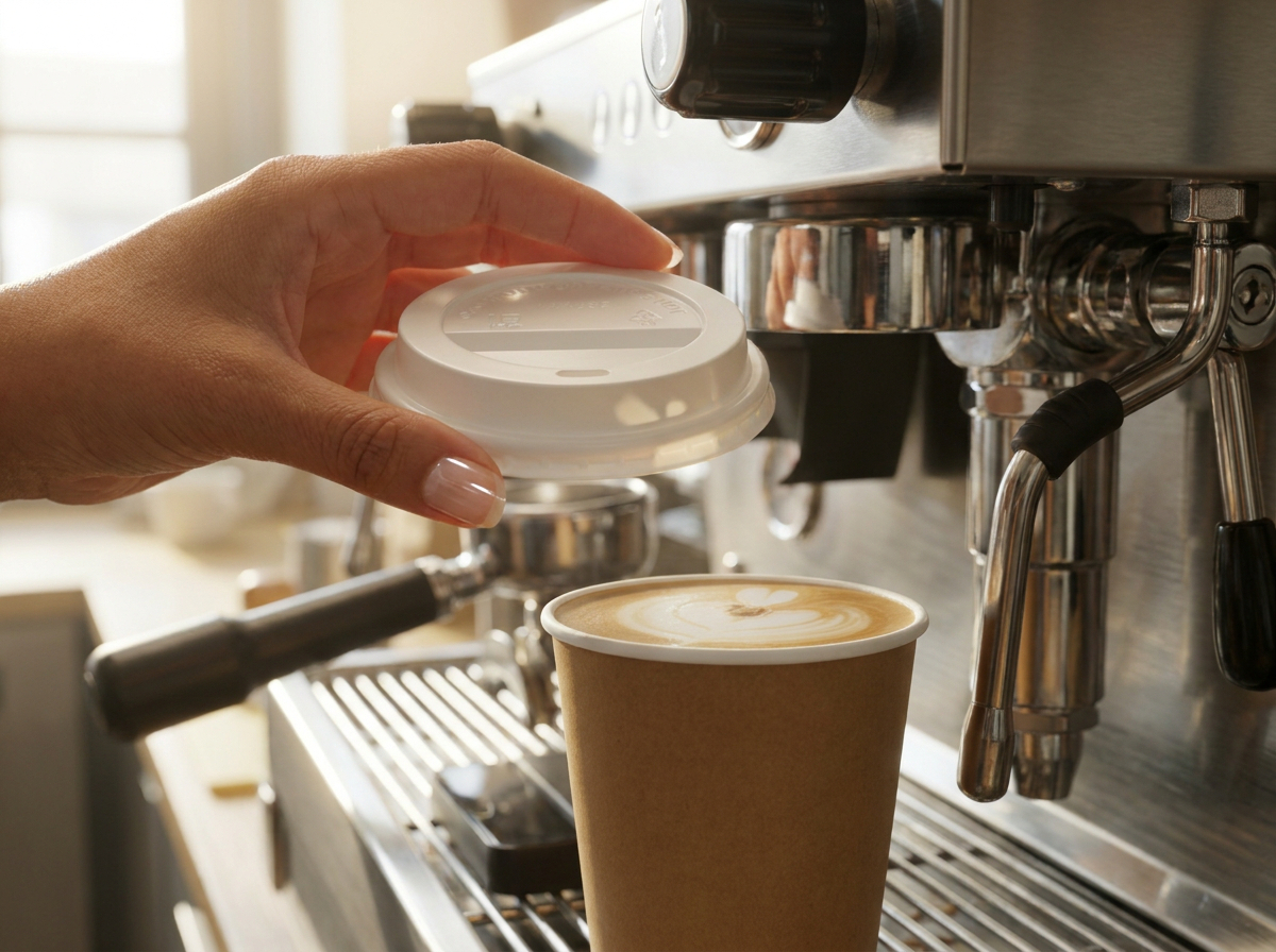 Someone holding a coffee cup lid over a cup of coffee.