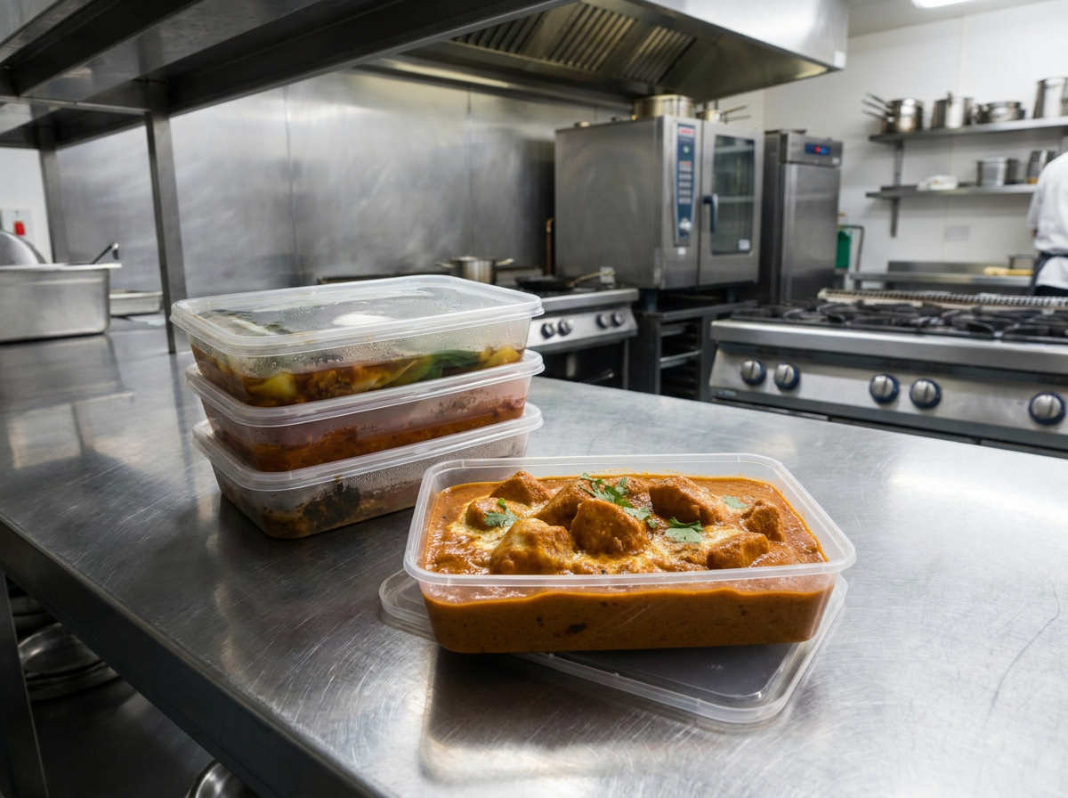 A stack of plastic containers filled with curries, sitting on a stainless steel bench.