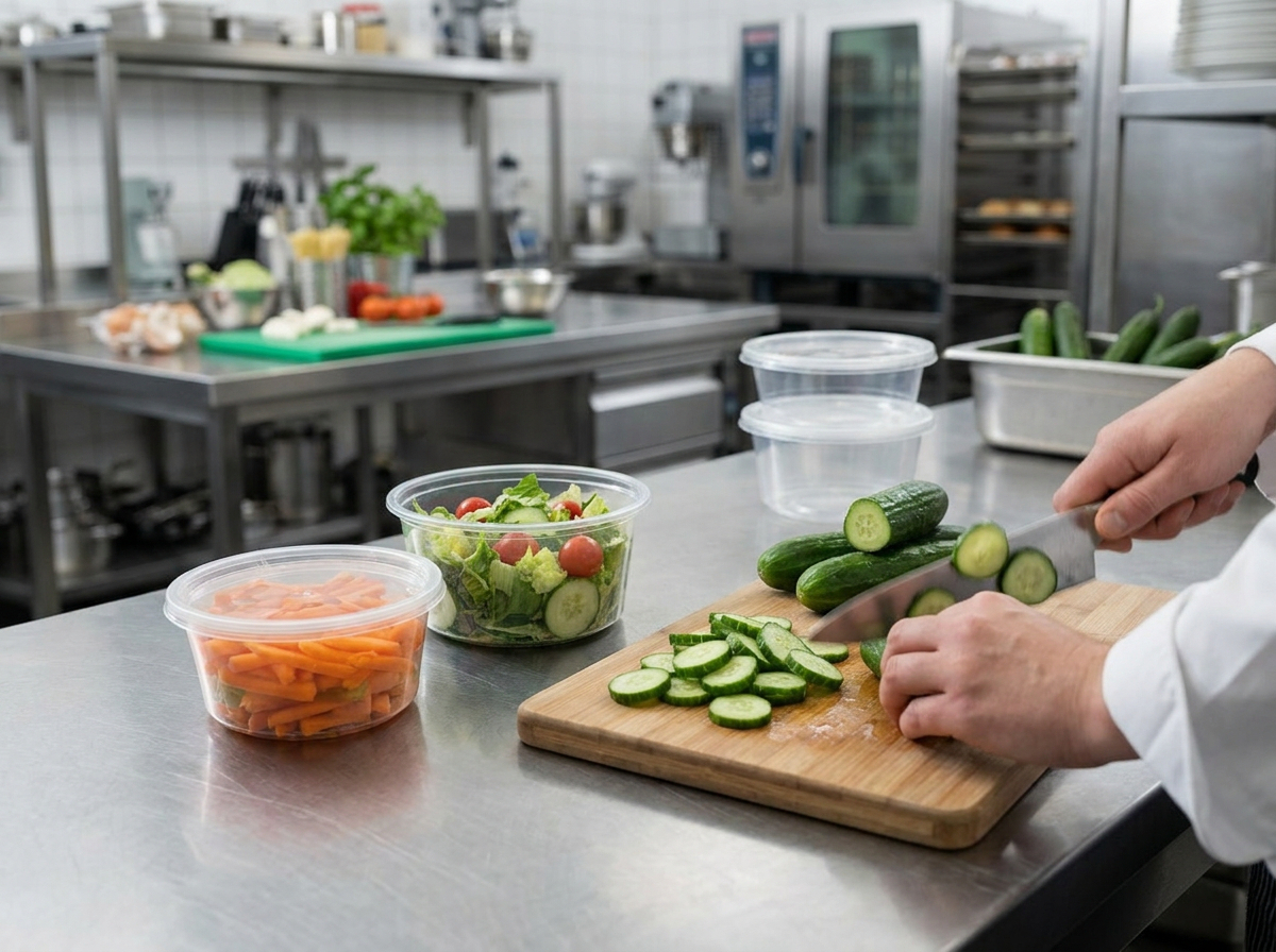A chef chopping a cucumber in a commercial kitchen.